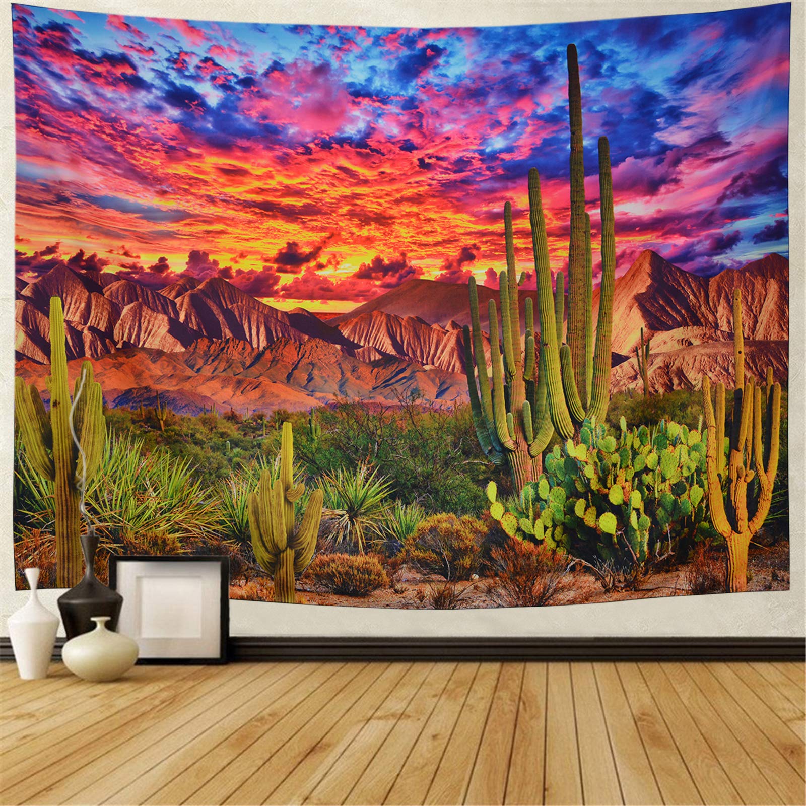 Generleo Mountain Tapestry Desert Cactus Tapestry Sunset Clouds Tapestry Psychedelic Tropical Plants Wall Tapestry Nature Scener