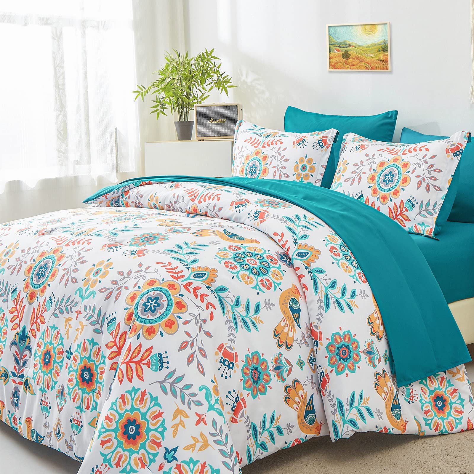 DHSFKBE Boho Comforter Set King - 7 Pieces Bed in a Bag Floral Medallions Design, Bohemian Comforter Set with Sheets, Soft Micro