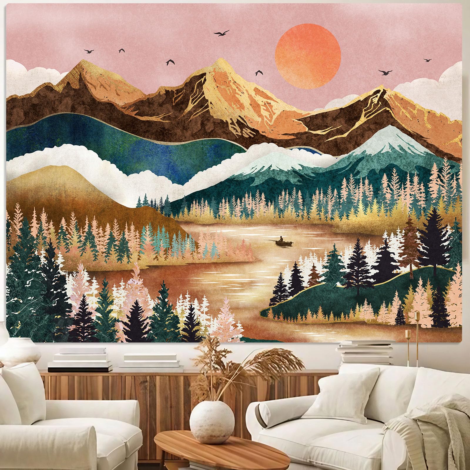Zussun Mountain Tapestry Nature Forest Tree Tapestries for Bedroom Aesthetic Sunset Tapastrys Wall Hanging Orange and Green Lan