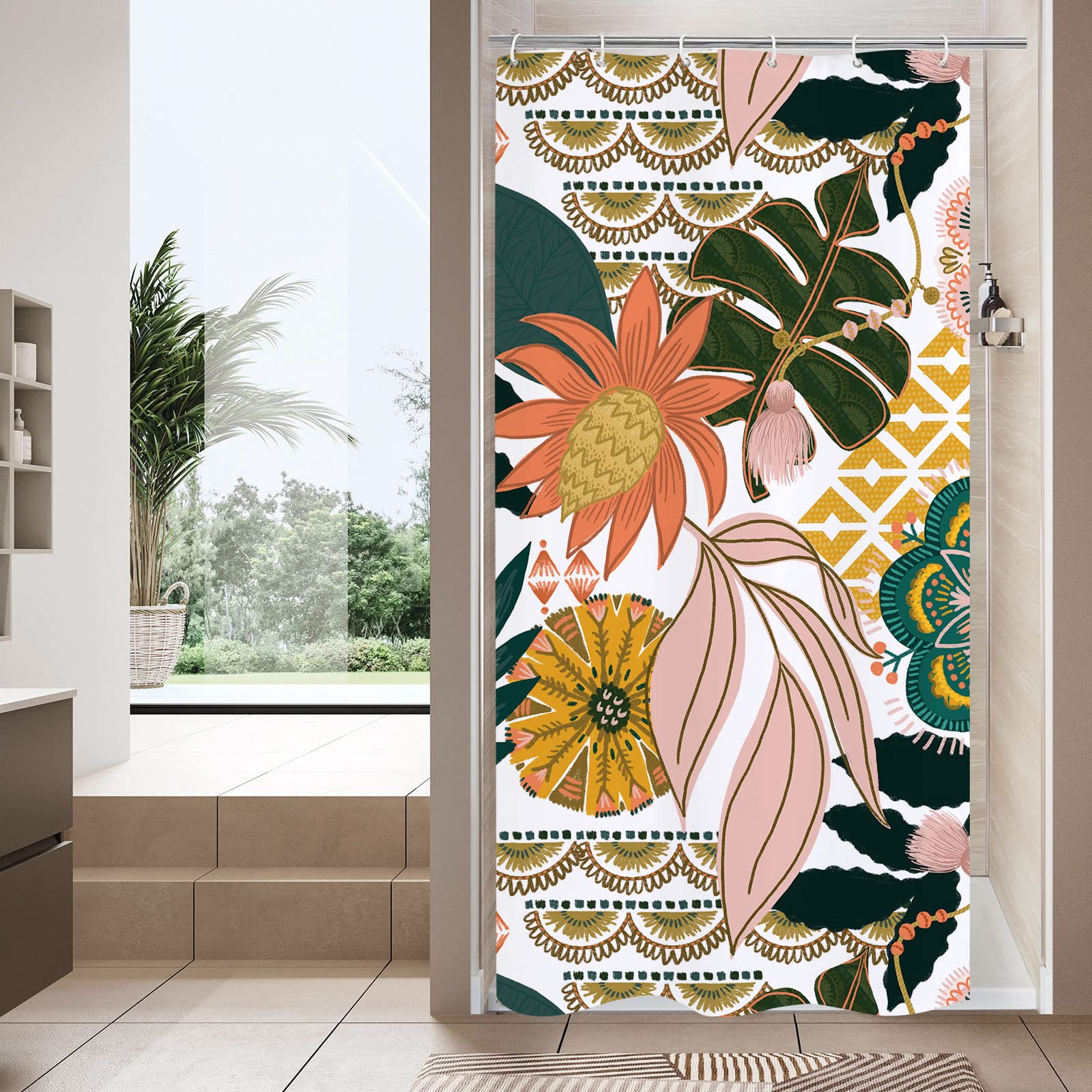 MitoVilla Floral Small Stall Shower Curtain 36 x 72, Boho Flower Narrow Half Size Chic Shower Curtains for Modern Bathroom Decor