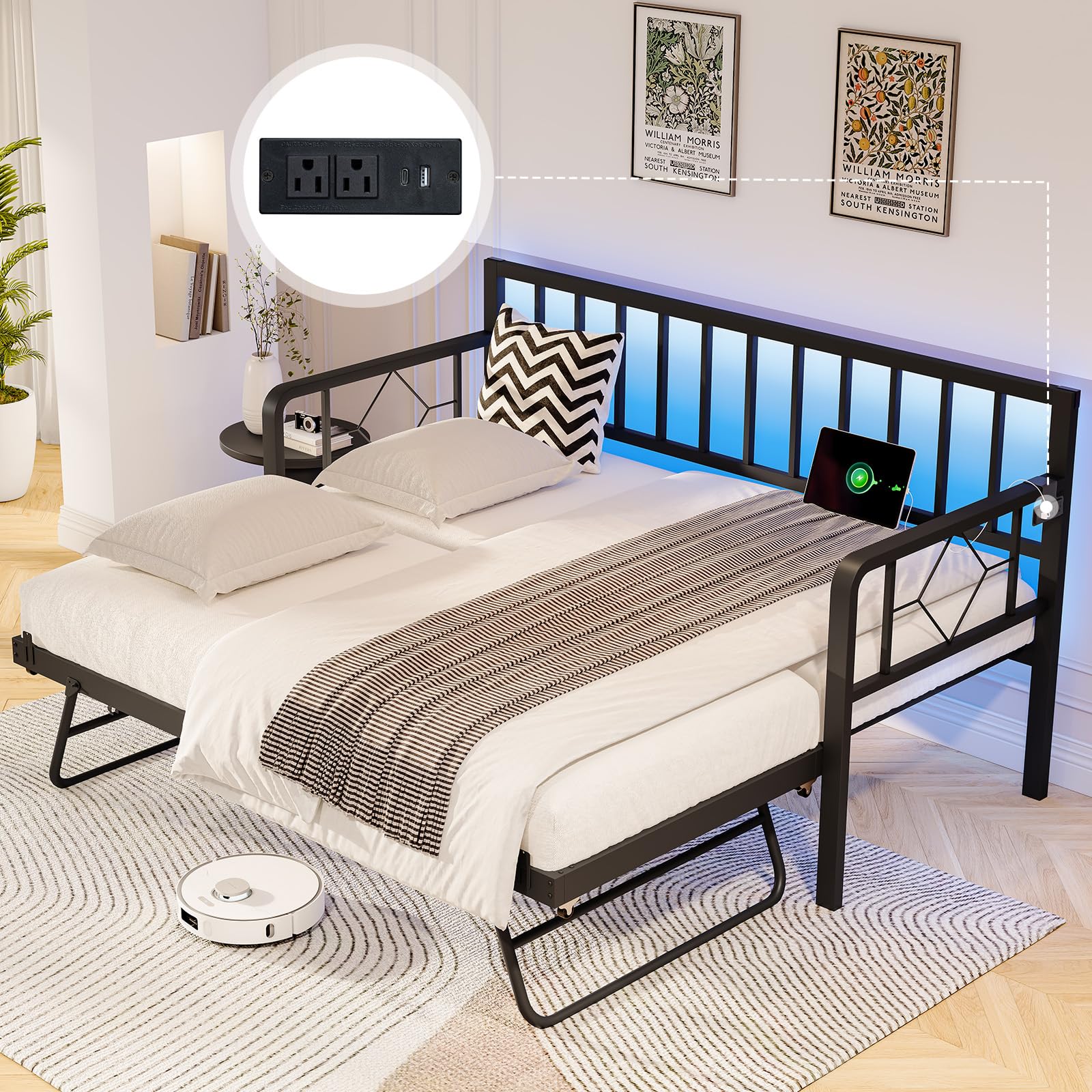 Jocisland Twin Daybed with Charging Station and LED Lights, Versatile Bed Frame with Steel Slats Support, Daybed with Trundle fo