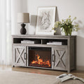 BELLEZE Barn Door Wood Electric Fireplace TV Stand for TVs up to 65 Inches Open Shelves and Cabinets Media Entertainment Center 