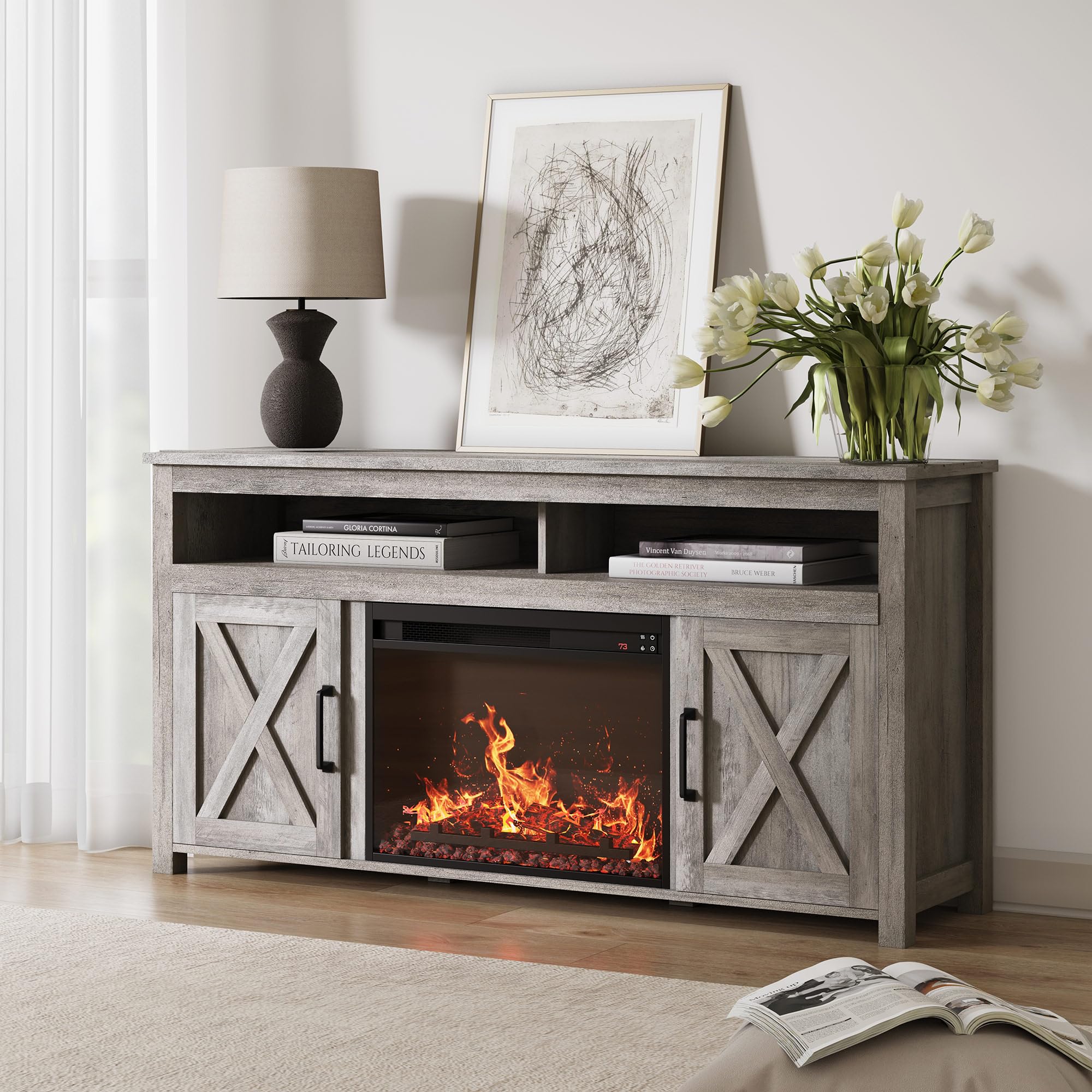 BELLEZE Barn Door Wood Electric Fireplace TV Stand for TVs up to 65 Inches Open Shelves and Cabinets Media Entertainment Center 