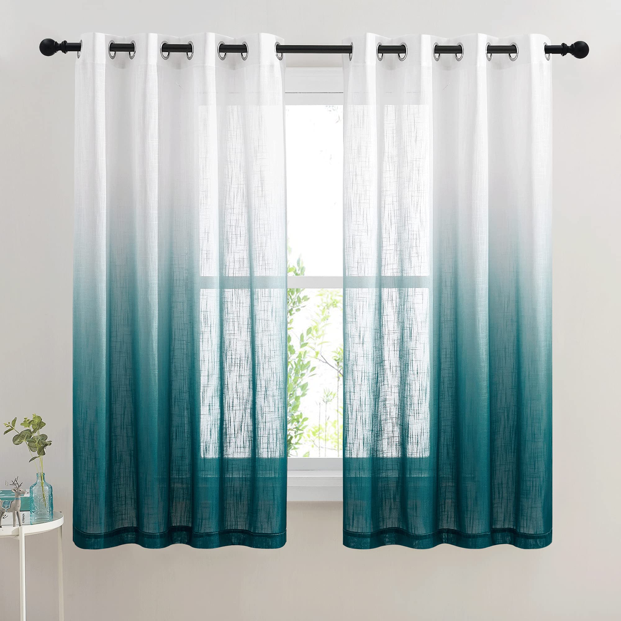 NICETOWN Ombre Sheer Curtains Teal for Windows 63 inch Long, Grommet Decorative Sheer Linen Curtains Semitransparent with Light 