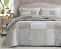 Chezmoi Collection Quinn 3-Piece Neutral Taupe Gray White Floral Hibiscus Flower Candy Stripe Patchwork Quilt Set - Pre-Washed C
