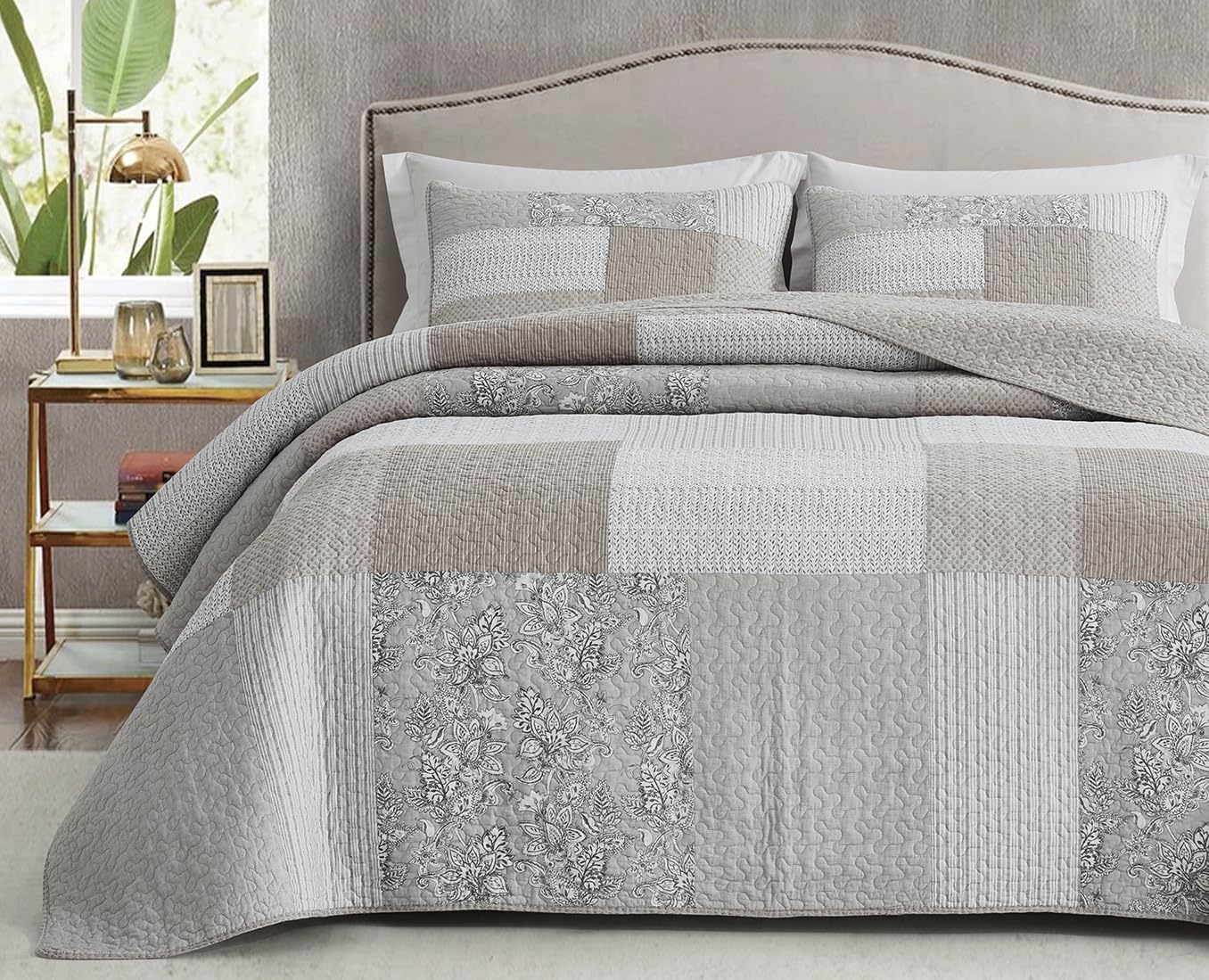 Chezmoi Collection Quinn 3-Piece Neutral Taupe Gray White Floral Hibiscus Flower Candy Stripe Patchwork Quilt Set - Pre-Washed C