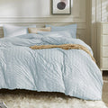 JELLYMONI Light Blue Duvet Cover Queen Size, 3pcs Washed Microfiber Bedding Set, Soft Breathable Seersucker Duvet Cover Set with