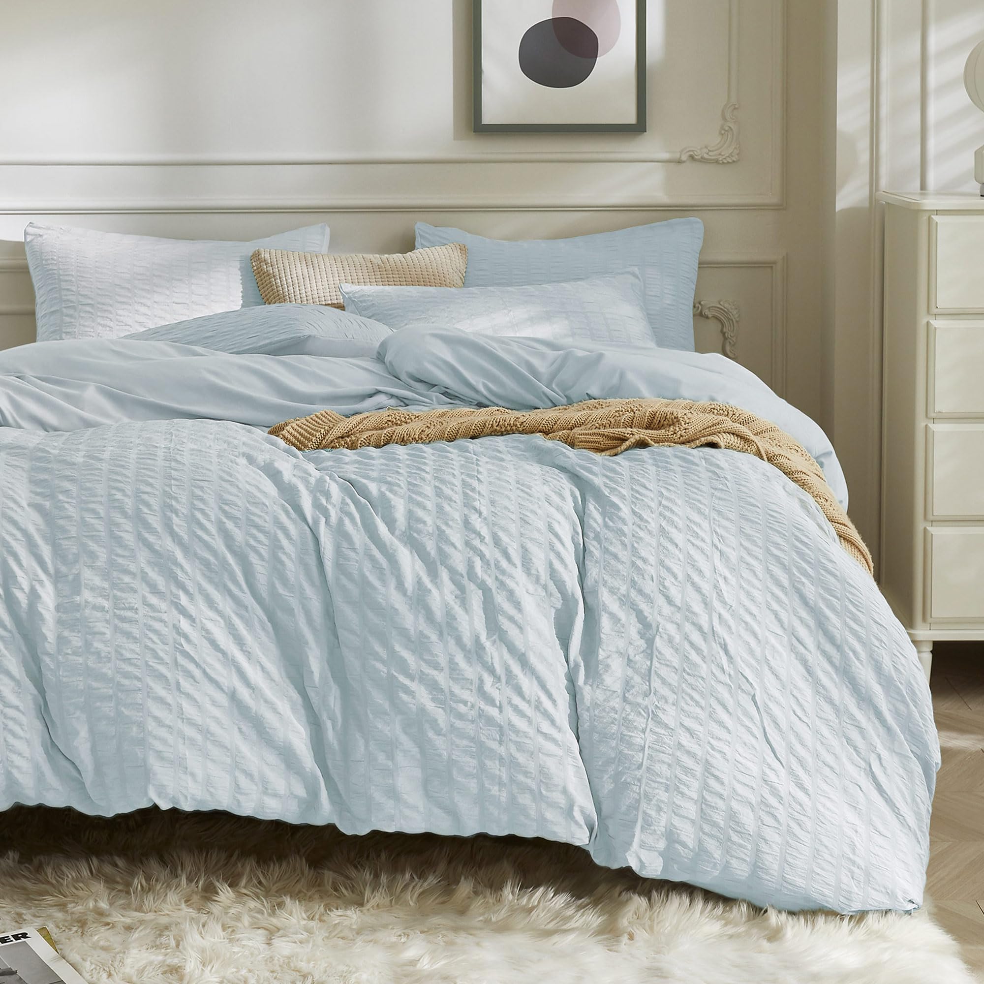 JELLYMONI Light Blue Duvet Cover Queen Size, 3pcs Washed Microfiber Bedding Set, Soft Breathable Seersucker Duvet Cover Set with