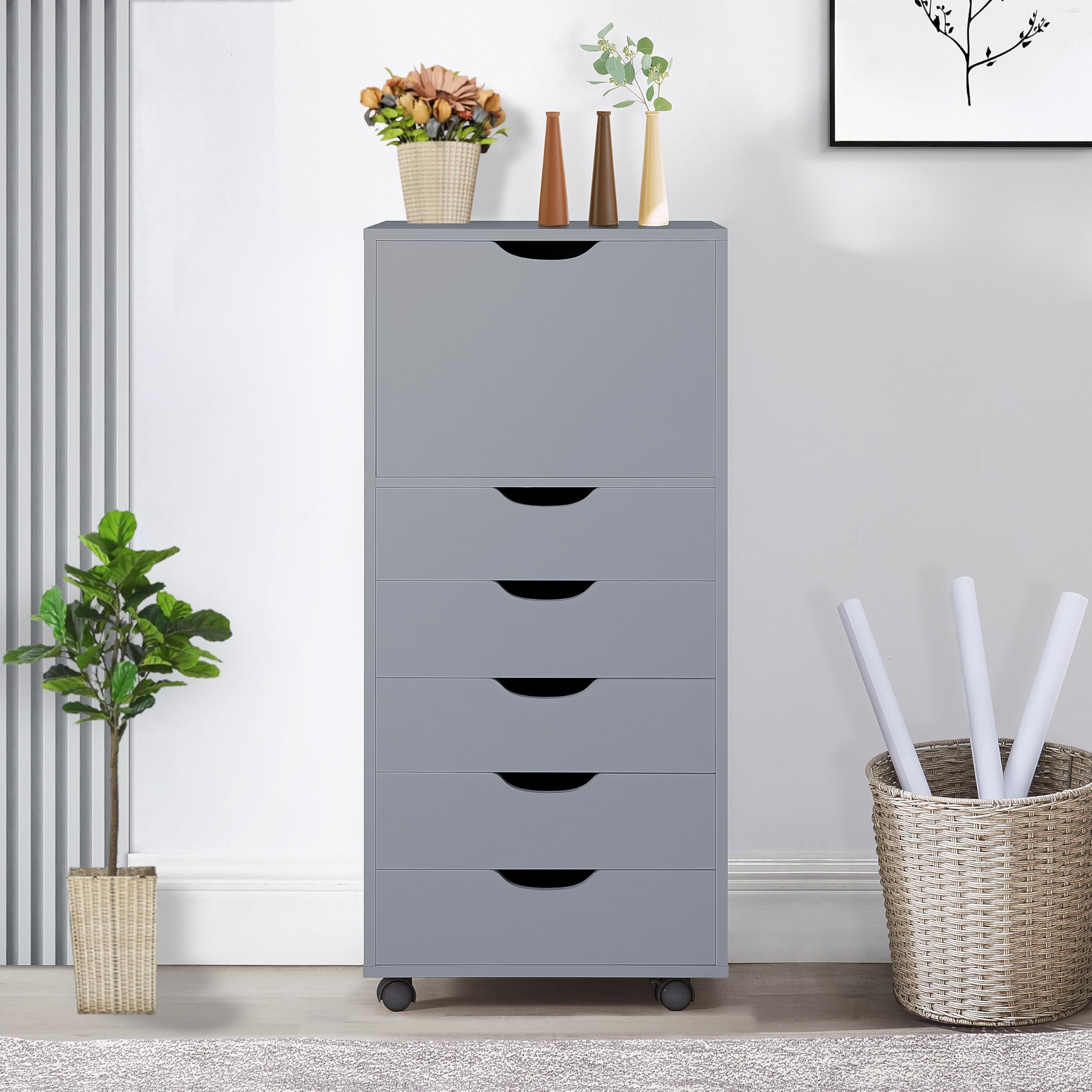 Optimized for Office, Craft, and Clothing Storage! Carly Tall Design 6-Drawer Gray File Cabinet on Wheels: Elevate Your Organiza