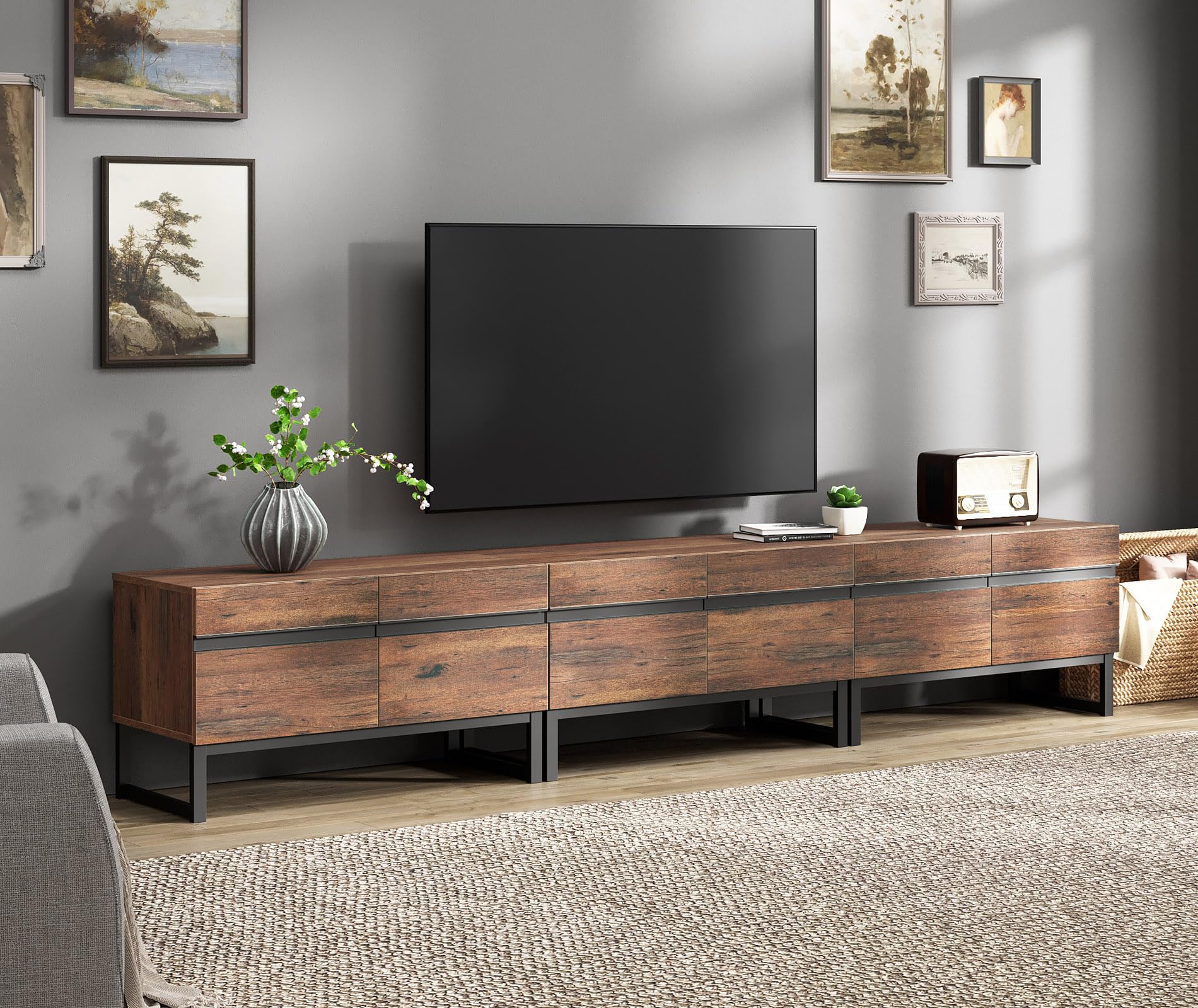 WAMPAT 3 in 1 Modern TV Stand for TVs up to 110 inch, Wood Entertainment Center TV Console with Storage Cabinets and Metal Base,