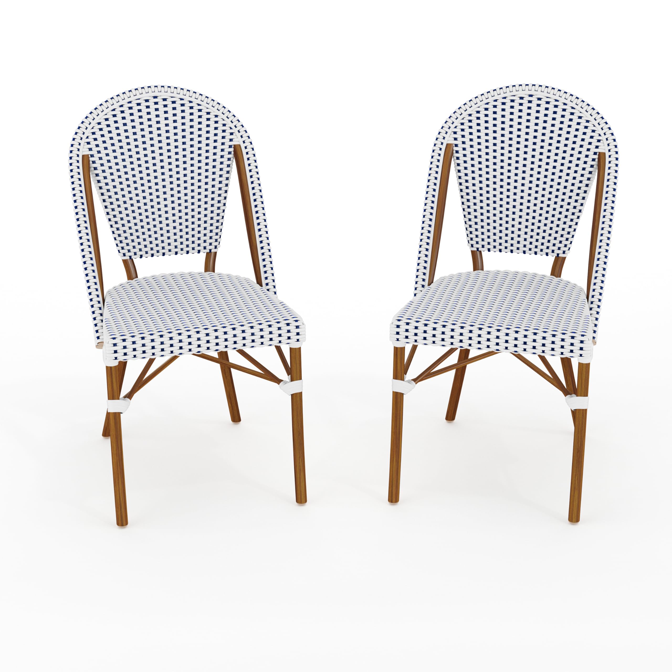 Martha Stewart Lily Pond Indoor-Outdoor Stackable Bistro Chairs with Natural Woodgrain Aluminum Frame Finish, White/Navy Woven R