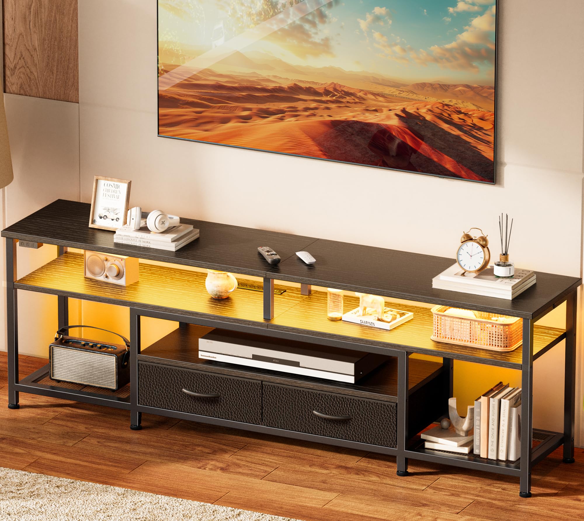 Huuger TV Stand for 65 70 Inch TV, Entertainment Center with Power Outlets and LED Lights, TV Console for Living Room, Media Con