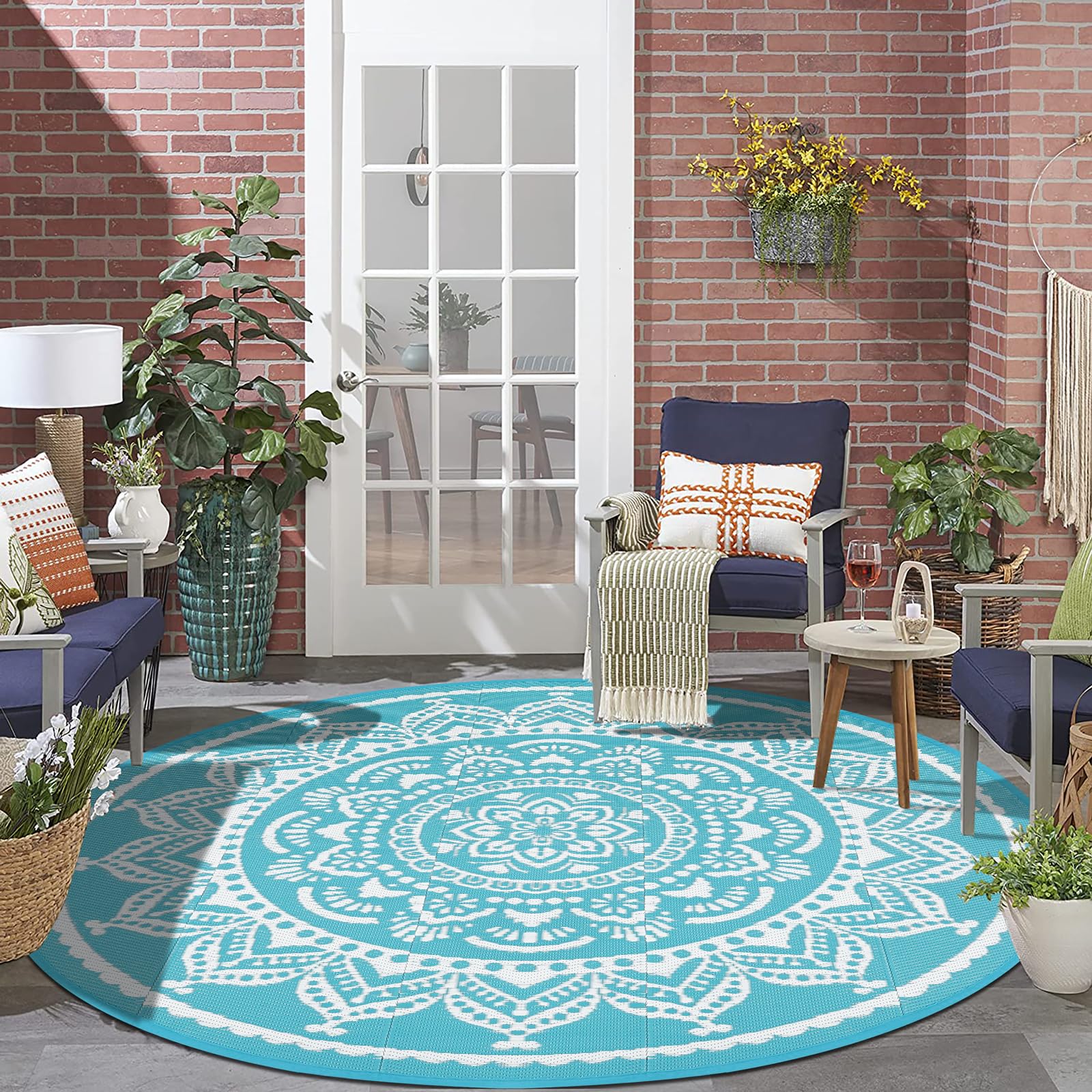 Bsmathom Waterproof Outdoor Rug 6ft Round Reversible Boho Plastic Straw Patio Deck Camping Rugs, Indoor Outdoor Portable RV Mat 
