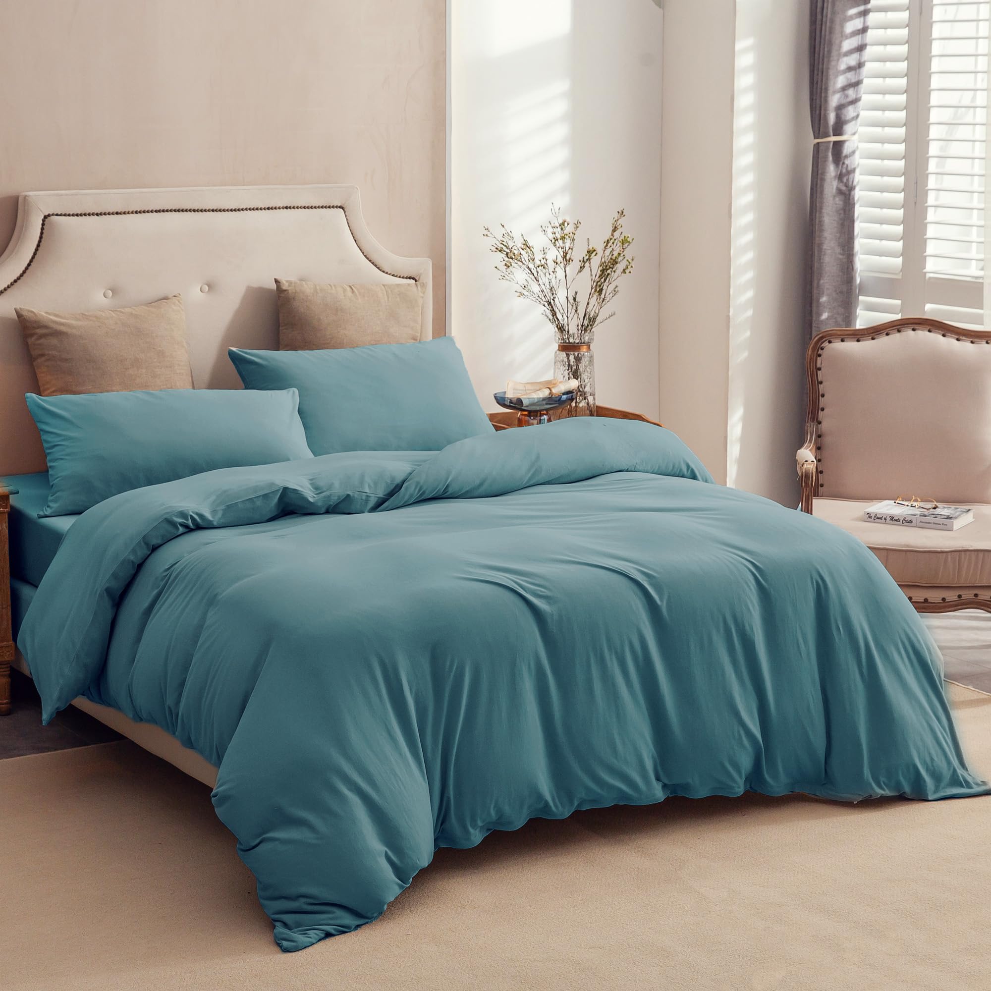PURE ERA Jersey Knit Duvet Cover Set 100% T-Shirt Cotton Super Soft Comfy 2pc Bedding Set with Zipper Closure (Solid Teal Green,