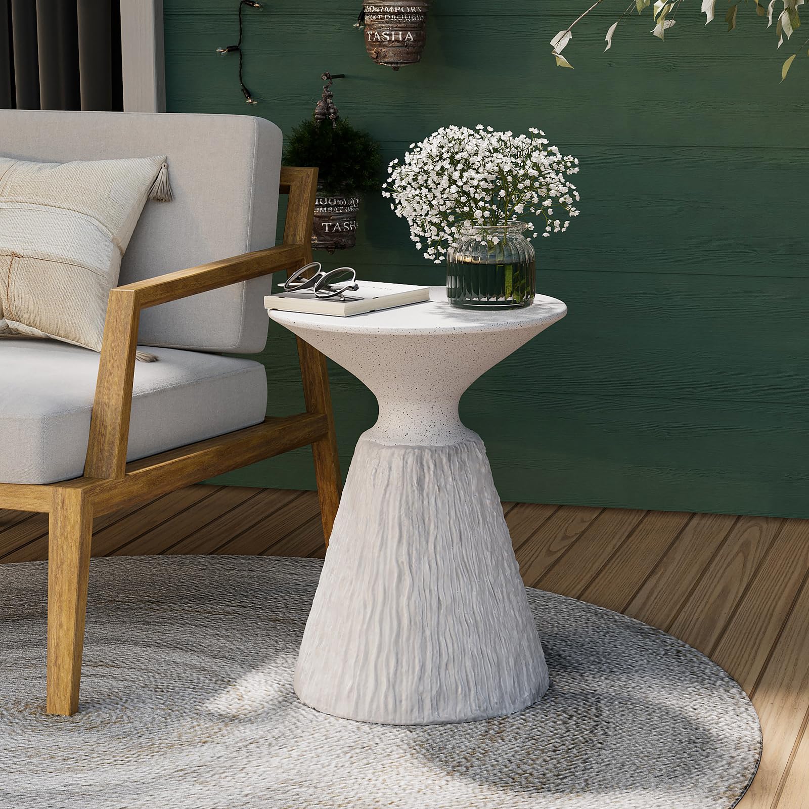 COSIEST Outdoor Side Table, Mushroom Shaped MgO Accent Table, Lightweight Patio End Table w Round Base, Top Plant Stand for Gard