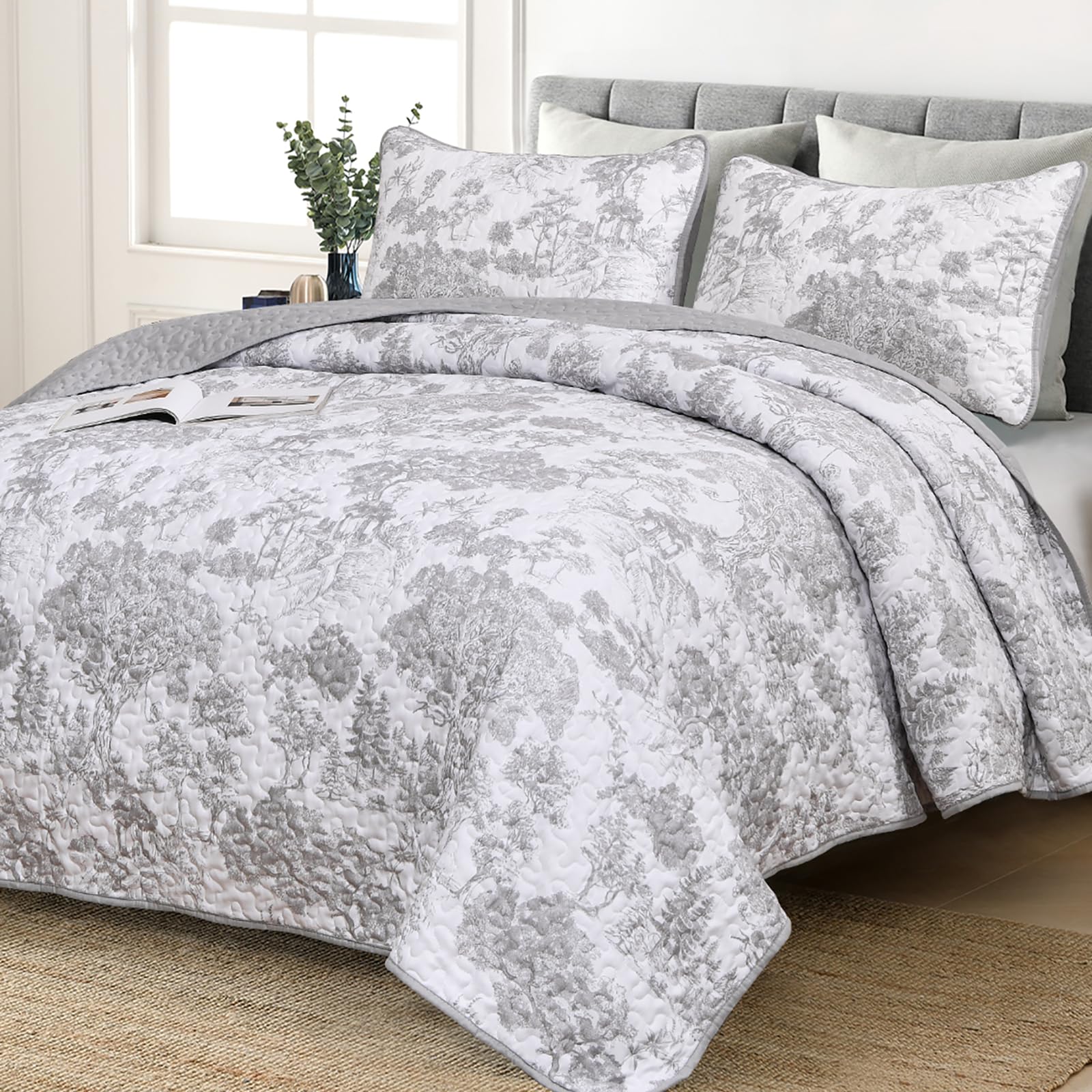WONGS BEDDING Grey Quilt Set Queen Size, 3 Pieces Botanical Bedspreads Set Lightweight Microfiber Grey Plants Pattern Coverlet H
