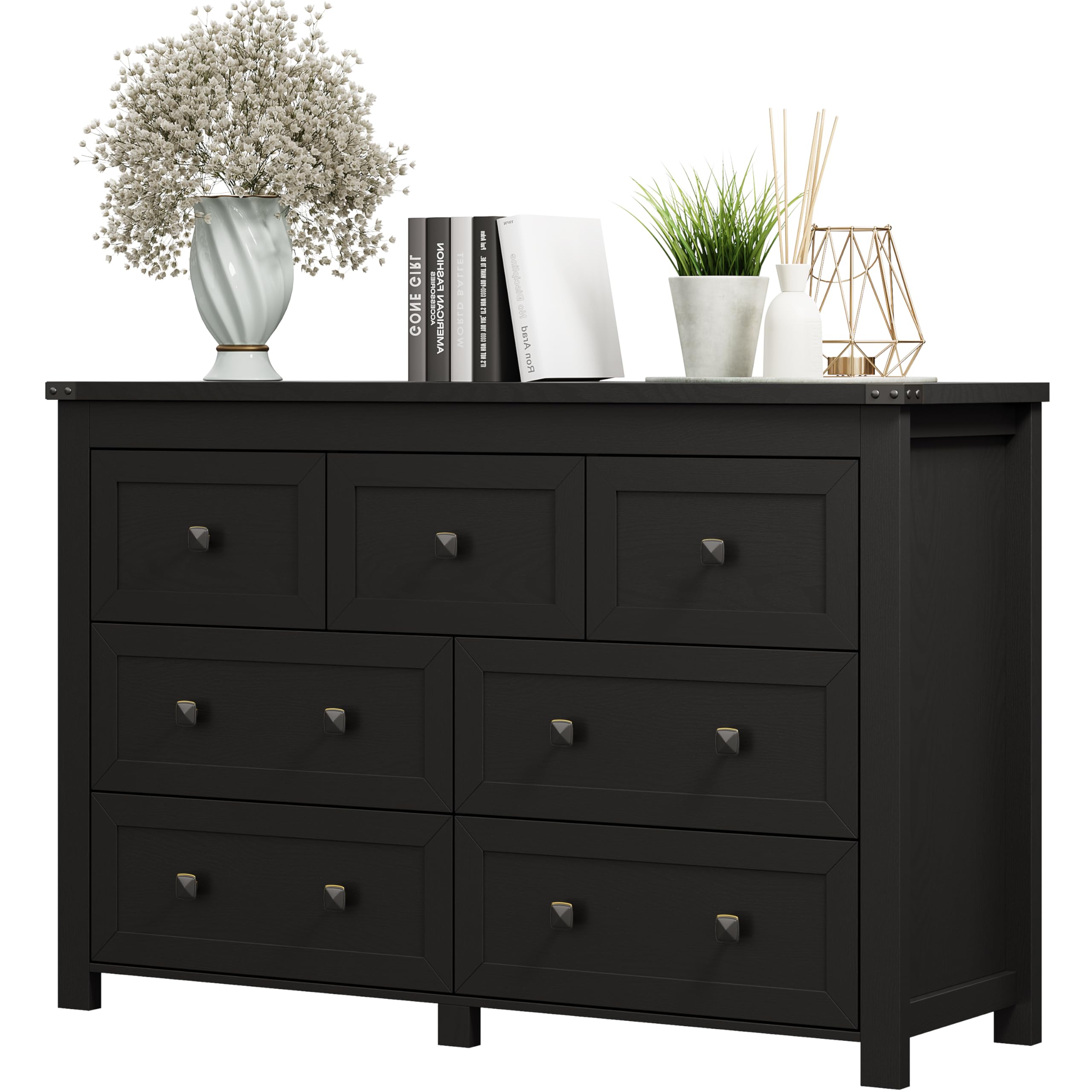 7 Drawer Dresser for Bedroom, Farmhouse Wood Chest of Drawers, Wide TV Stand Closet Storage Furniture with Metal Handle, Modern 