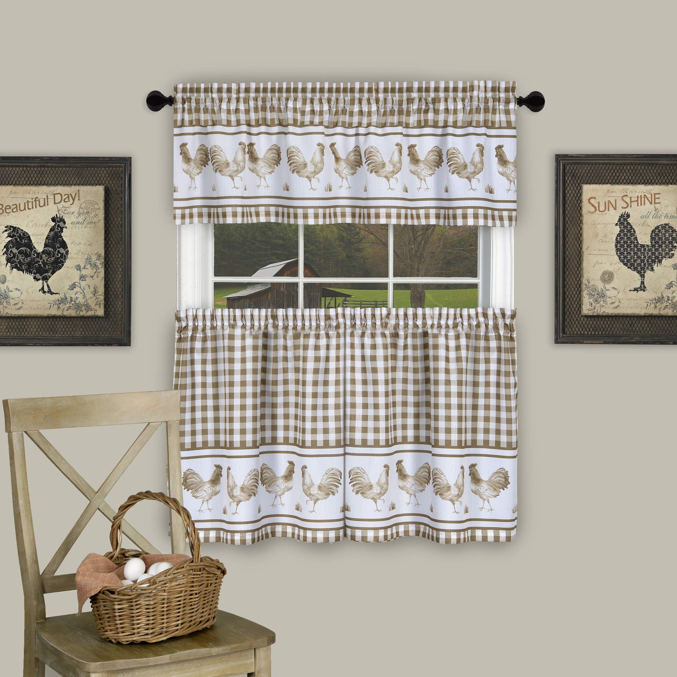 Light Filtering Printed Tier & Valance Window Curtain Set - 58 Inch Length, 24 Inch Width - Barnyard (Taupe), Machine Washable D