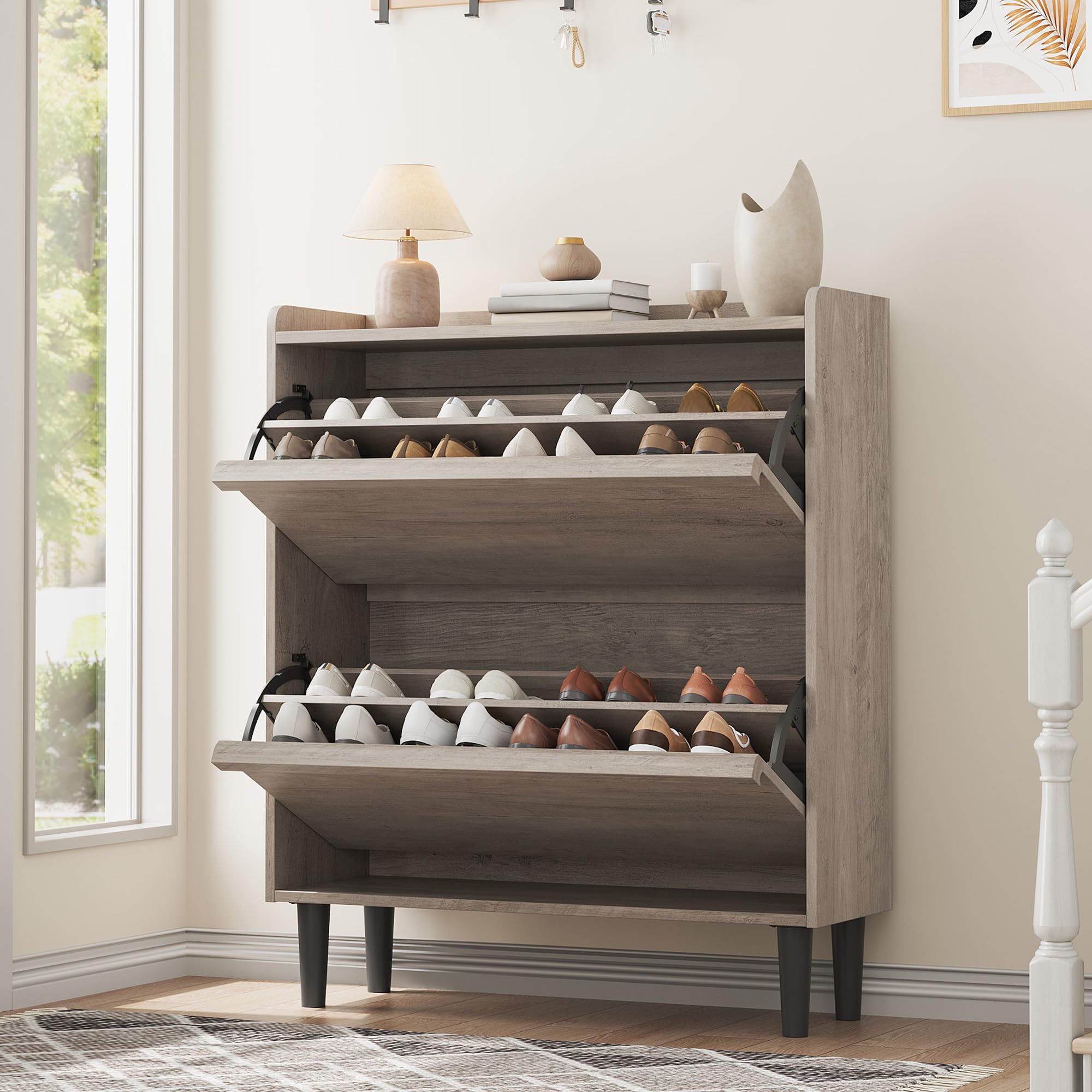 GarveeHome Shoe Cabinet with 2 Flip Drawers, Wooden Shoe Organizer with Adjustable Shelf, Shoe Storage for Entryway, Hidden Shoe