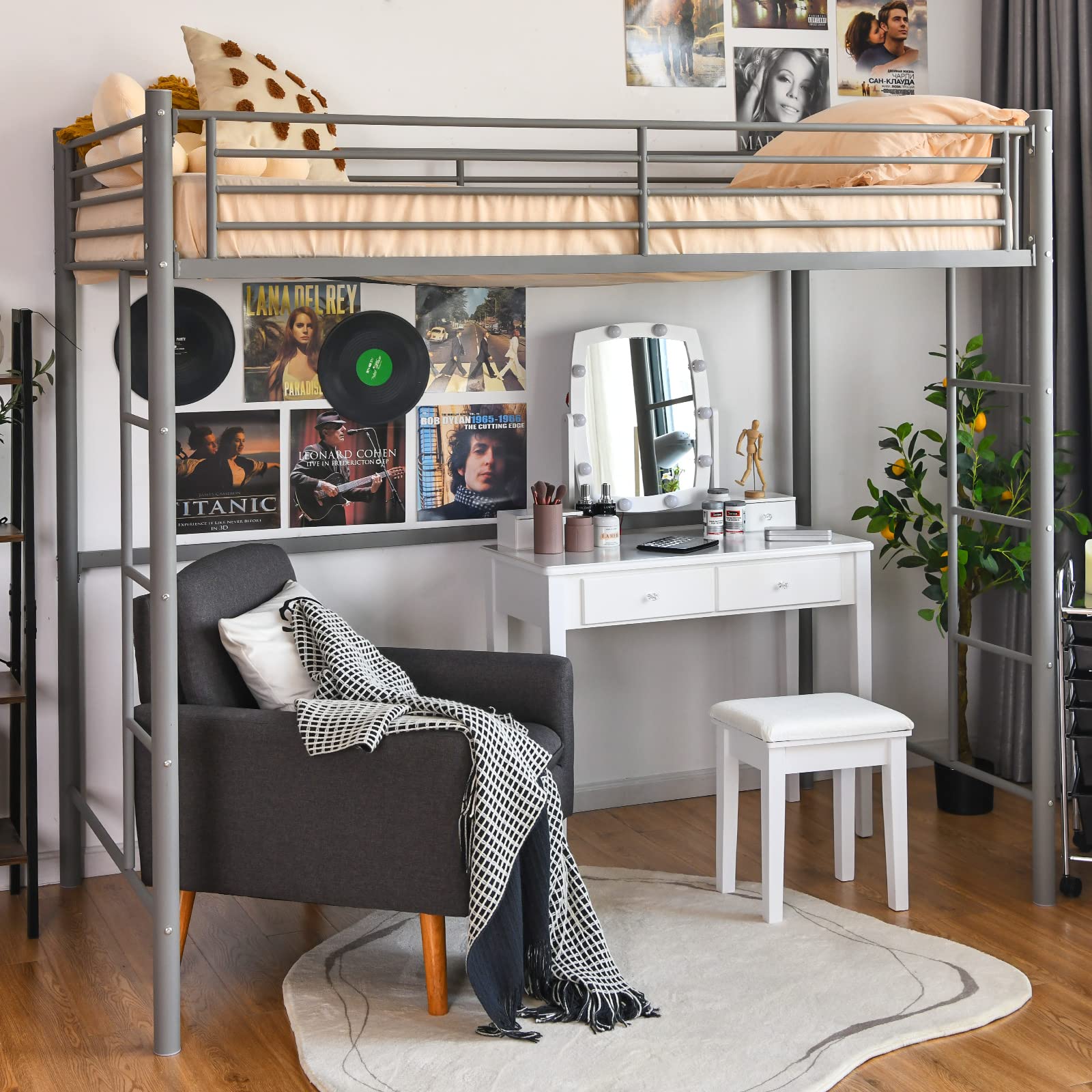 Giantex Metal Loft Bed Twin Size, Heavy Duty Loft Bed Frame with 2 Ladders, Twin Over Loft Bunk Bed with Full-Length Guard, Spac