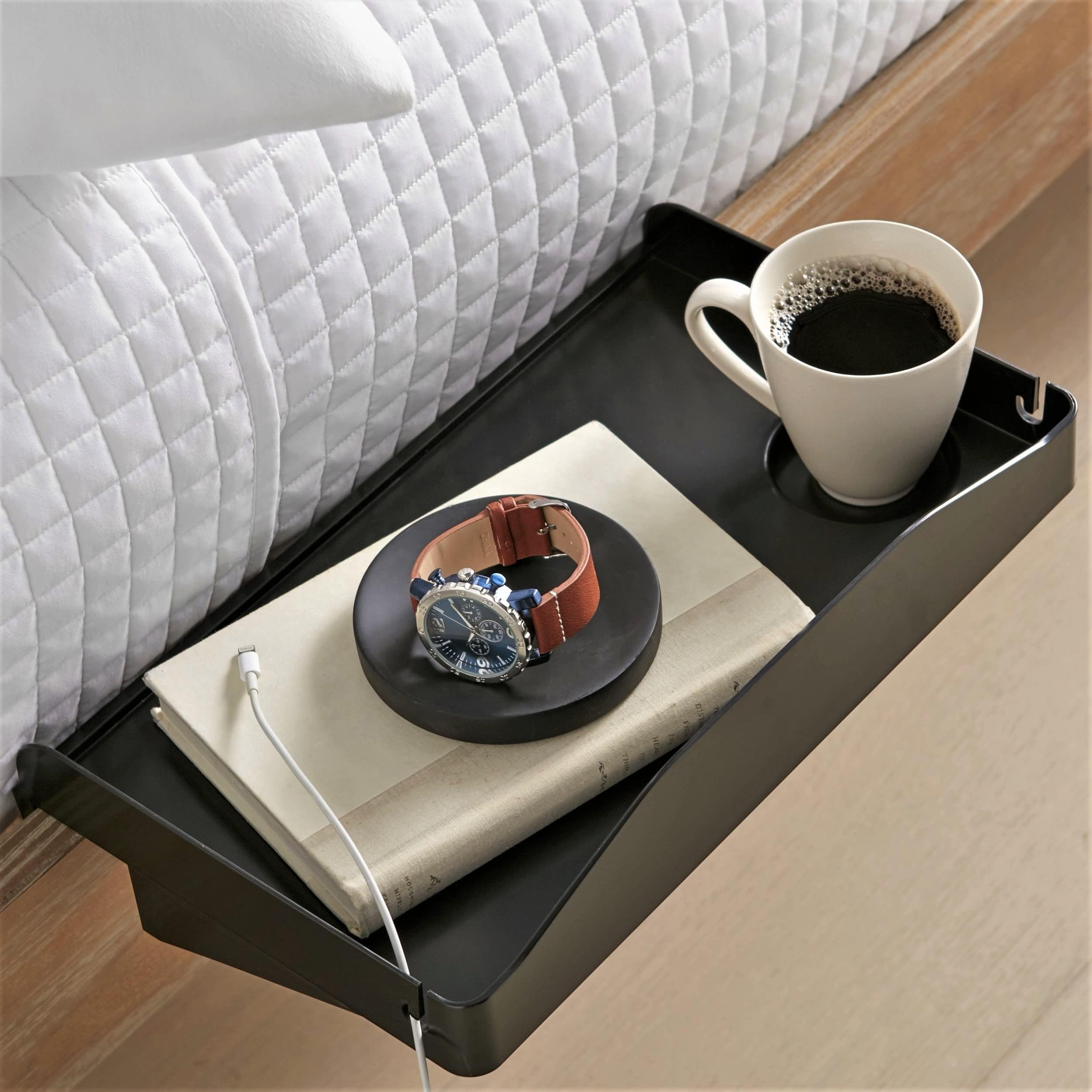 Modern Innovations Bedside Shelf for Bed, College Dorm Room, Bunk Bed Shelf/Caddy for Top Bunk, Clip On Nightstand Tray with Cor