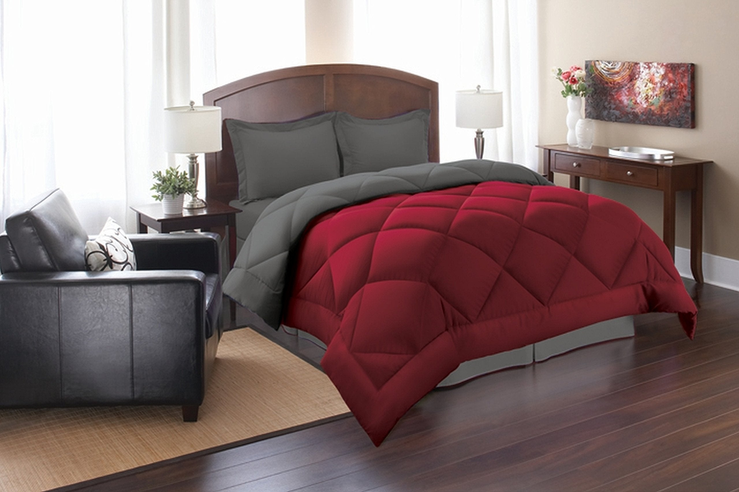 Elegance Linen Super Soft Goose Down 3pc Reversible Alternative Comforter, Queen, Red/Gray
