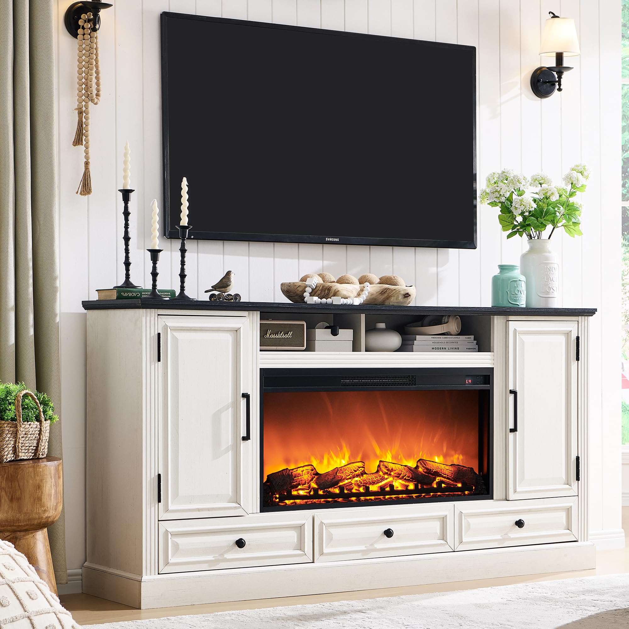 ACCOHOHO Fireplace TV Stand for 80 Inch TV, 35.7  Tall Farmhouse Entertainment Center W/36   Electric Fireplace, Media Console