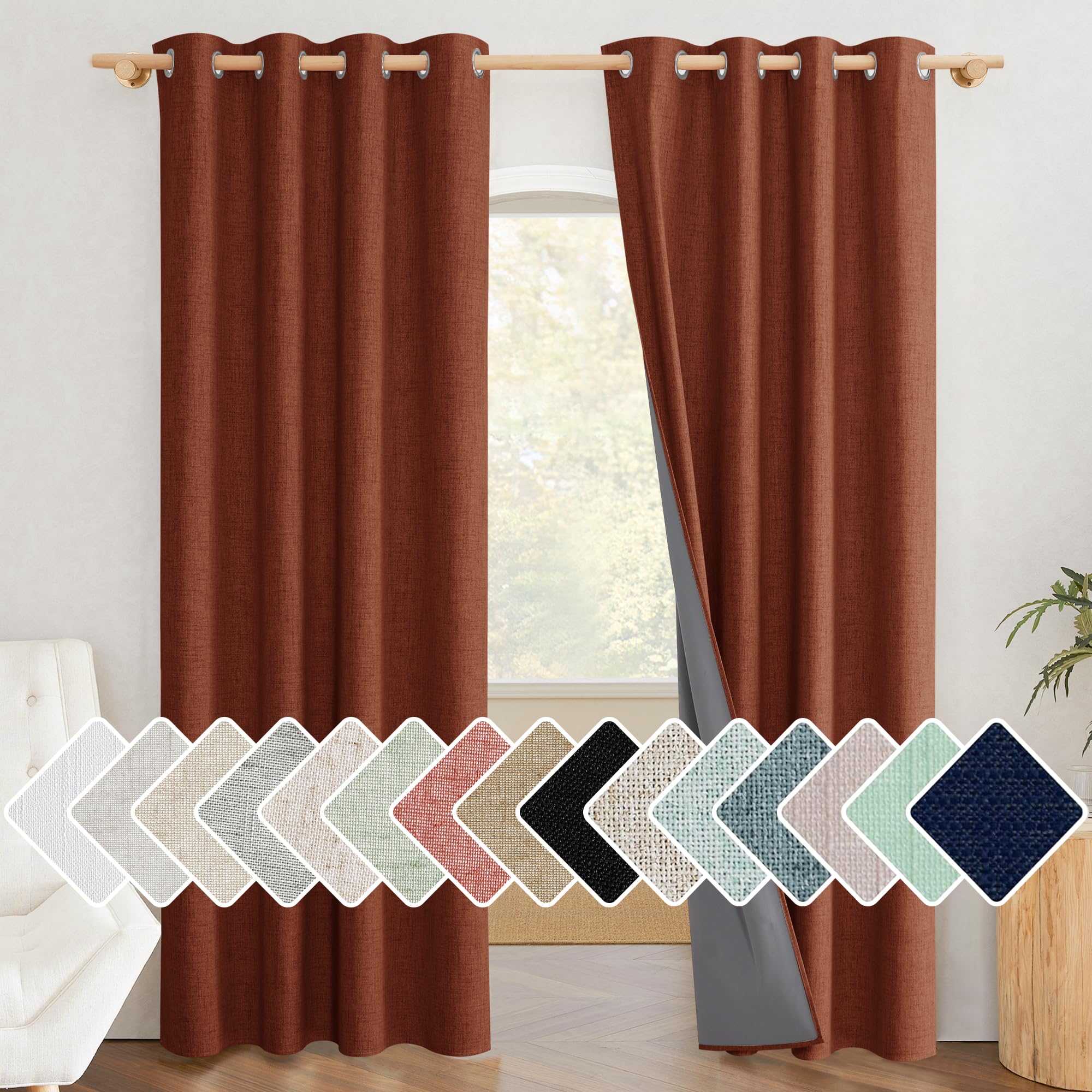 NICETOWN 100% Absolutely Blackout Linen Curtains with Thermal Insulated Liner, 52 Wide, 2 Panels, 90 Long Drapes, Grommet Retro 