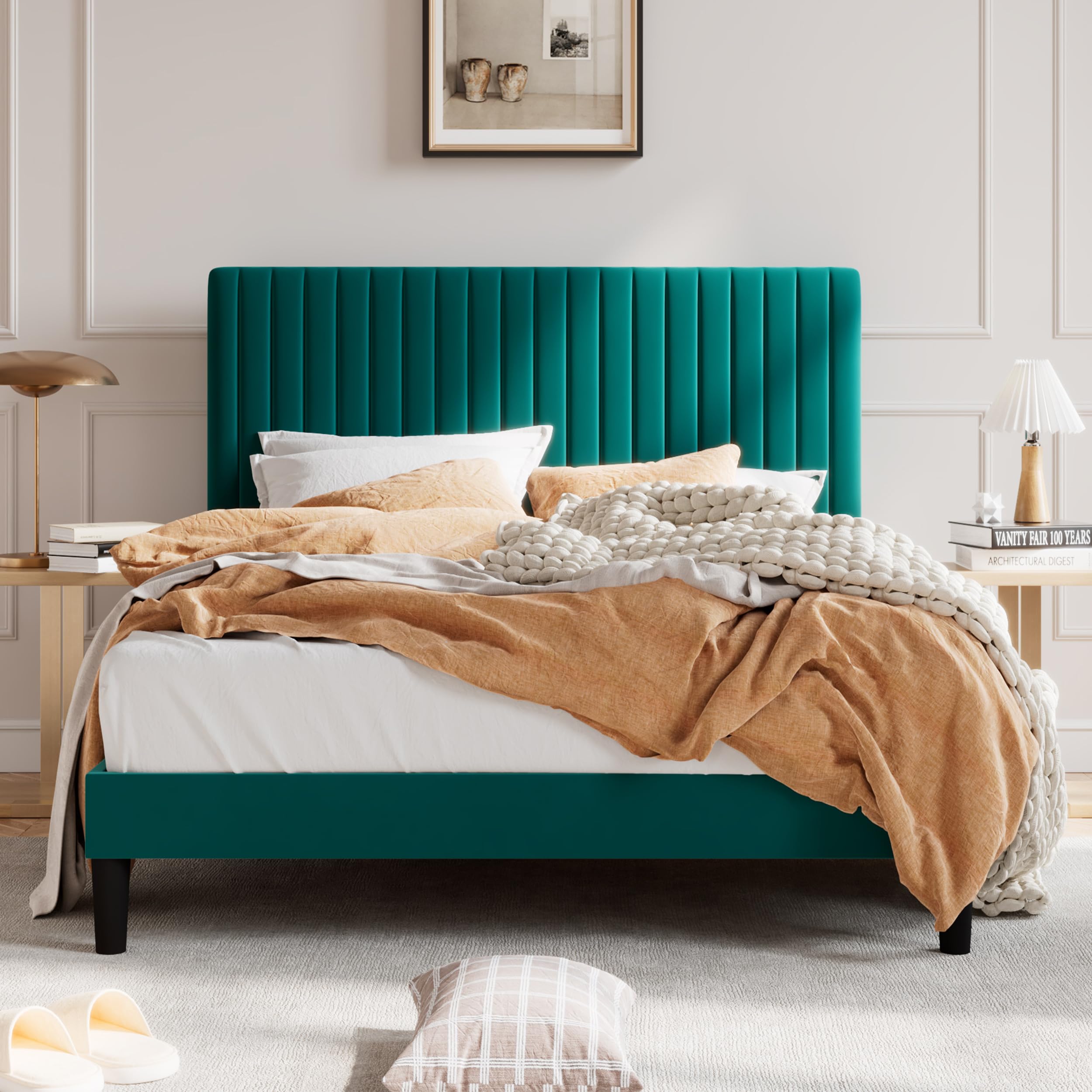 SHA CERLIN Full Upholstered Platform Bed Frame with Vertical Channel Tufted Velvet Fabric Adjustable Headboard, Wooden Slats Sup