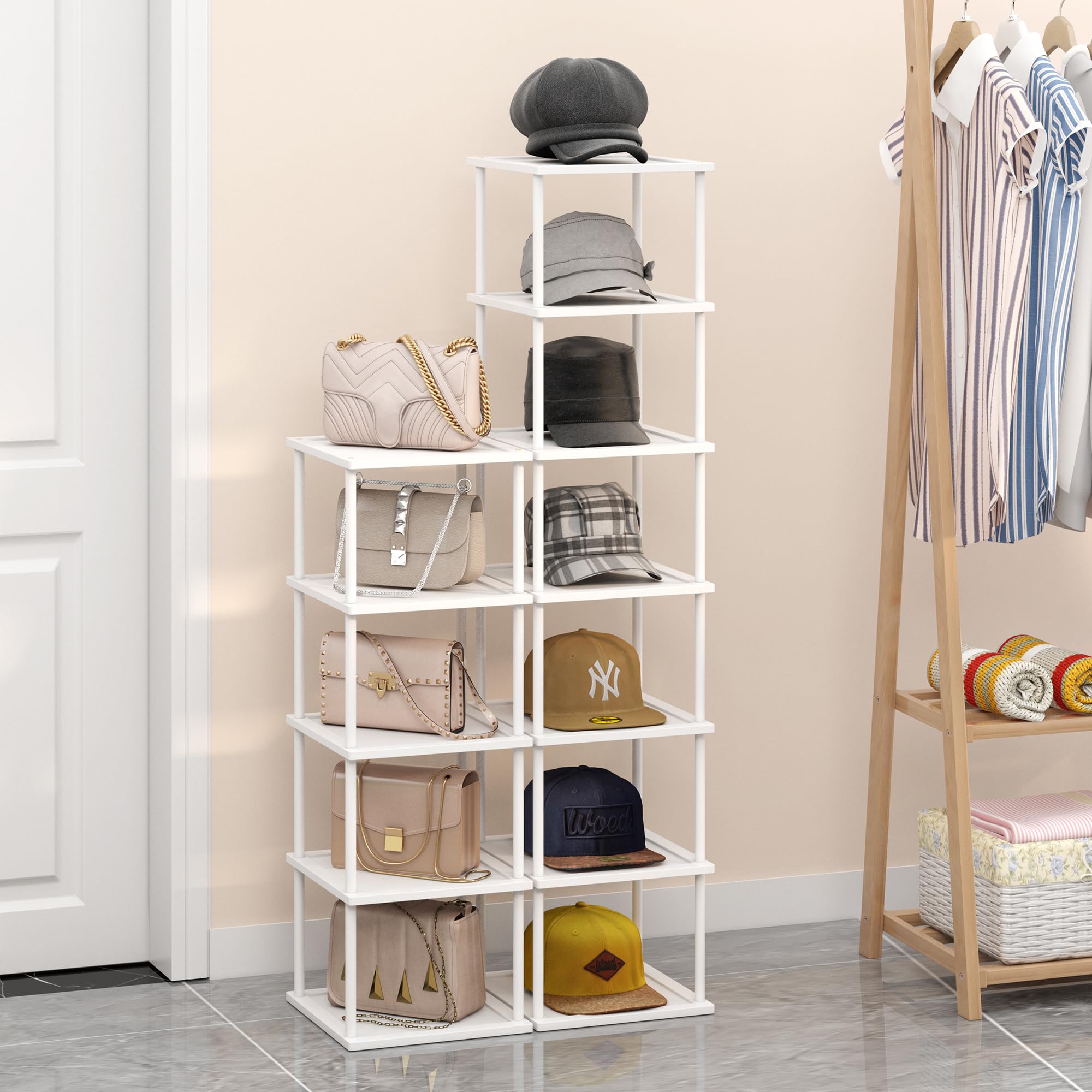 Vertical Tall Shoe Rack Organizer for Entryway -12 Tier Free Standing Slim Narrow Bamboo Wood Corner Stackable Shoe Boots Storag
