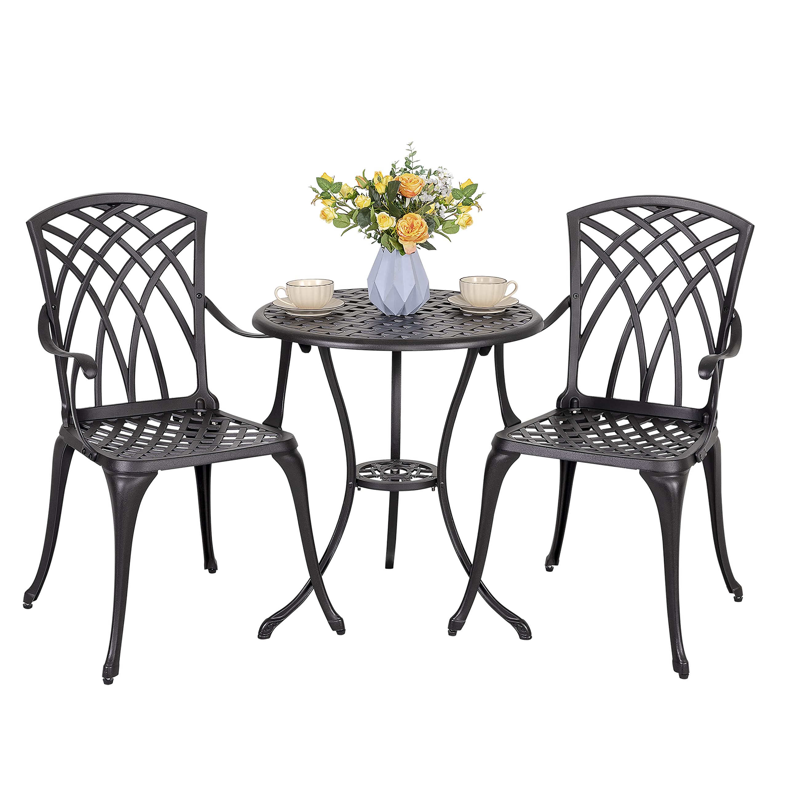 NUU GARDEN Patio Bistro Sets 3 Piece Cast Aluminum Bistro Table and Chairs Set with Umbrella Hole Bistro Set of 2 for Patio Back