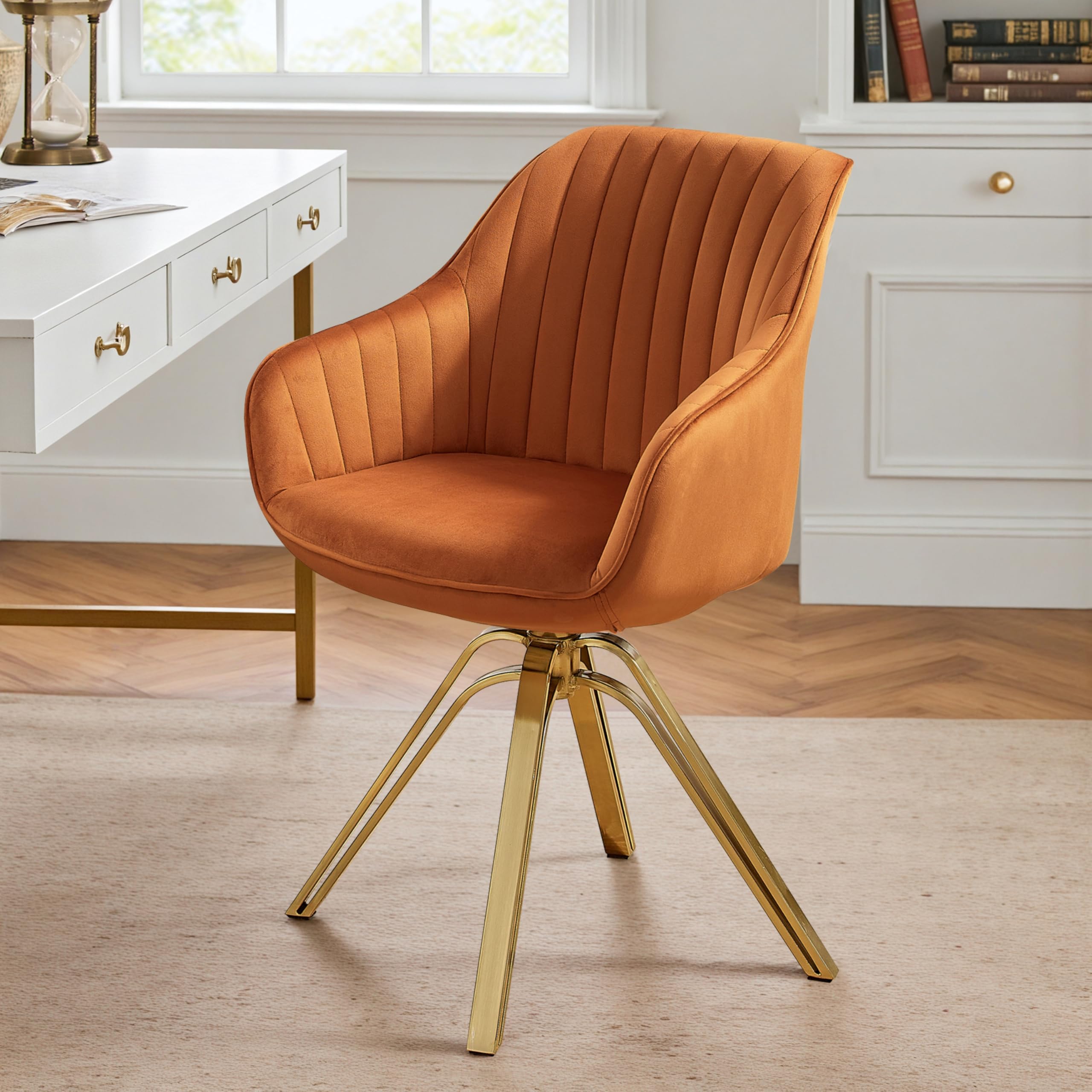 Volans Swivel Accent Chair, Mid Century Modern Swivel Desk Chair with Hollow Brushed Gold Plated Legs Office Chairs for Living R