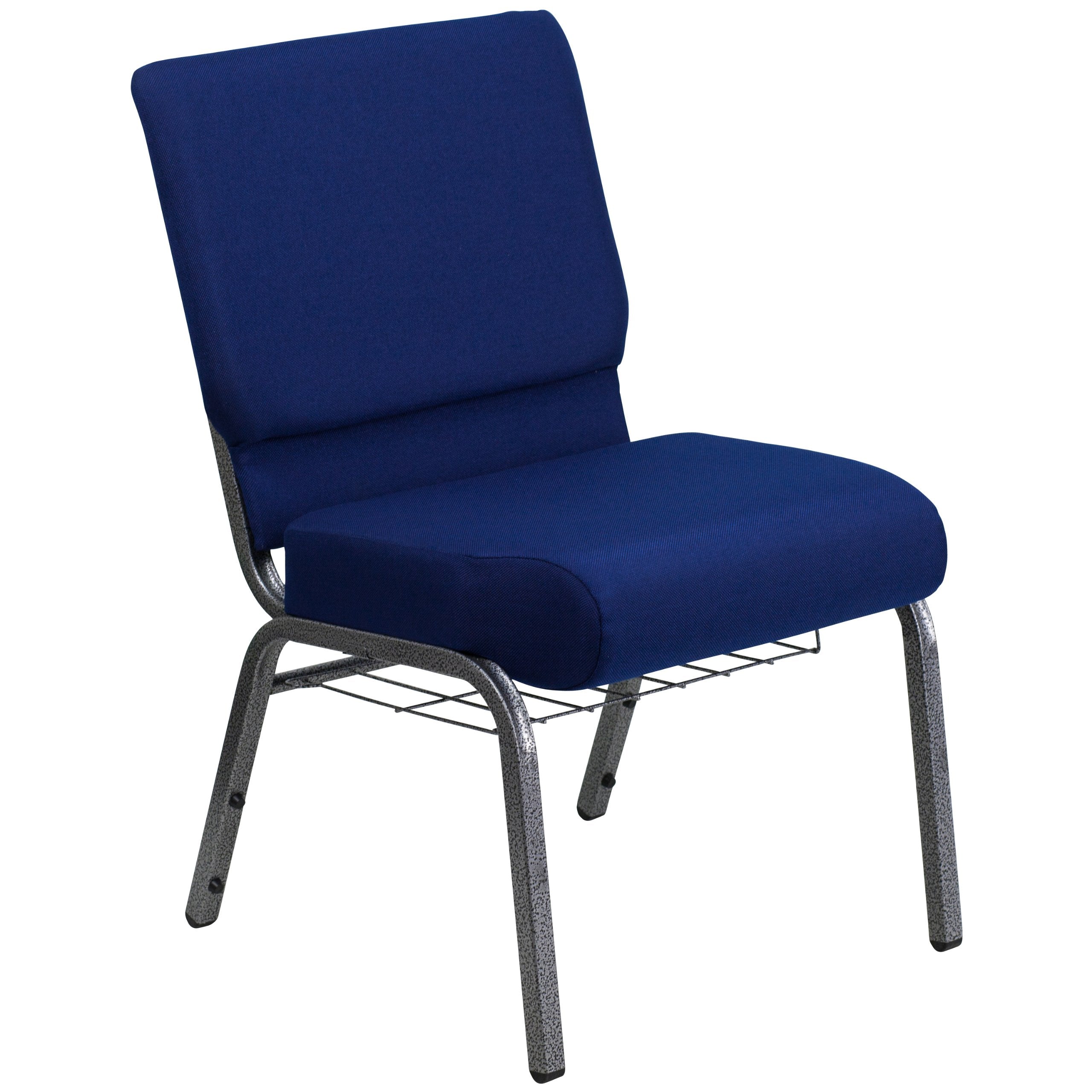 Flash Furniture HERCULES Series 21W Church Chair in Navy Blue Fabric with Cup Book Rack - Silver Vein Frame