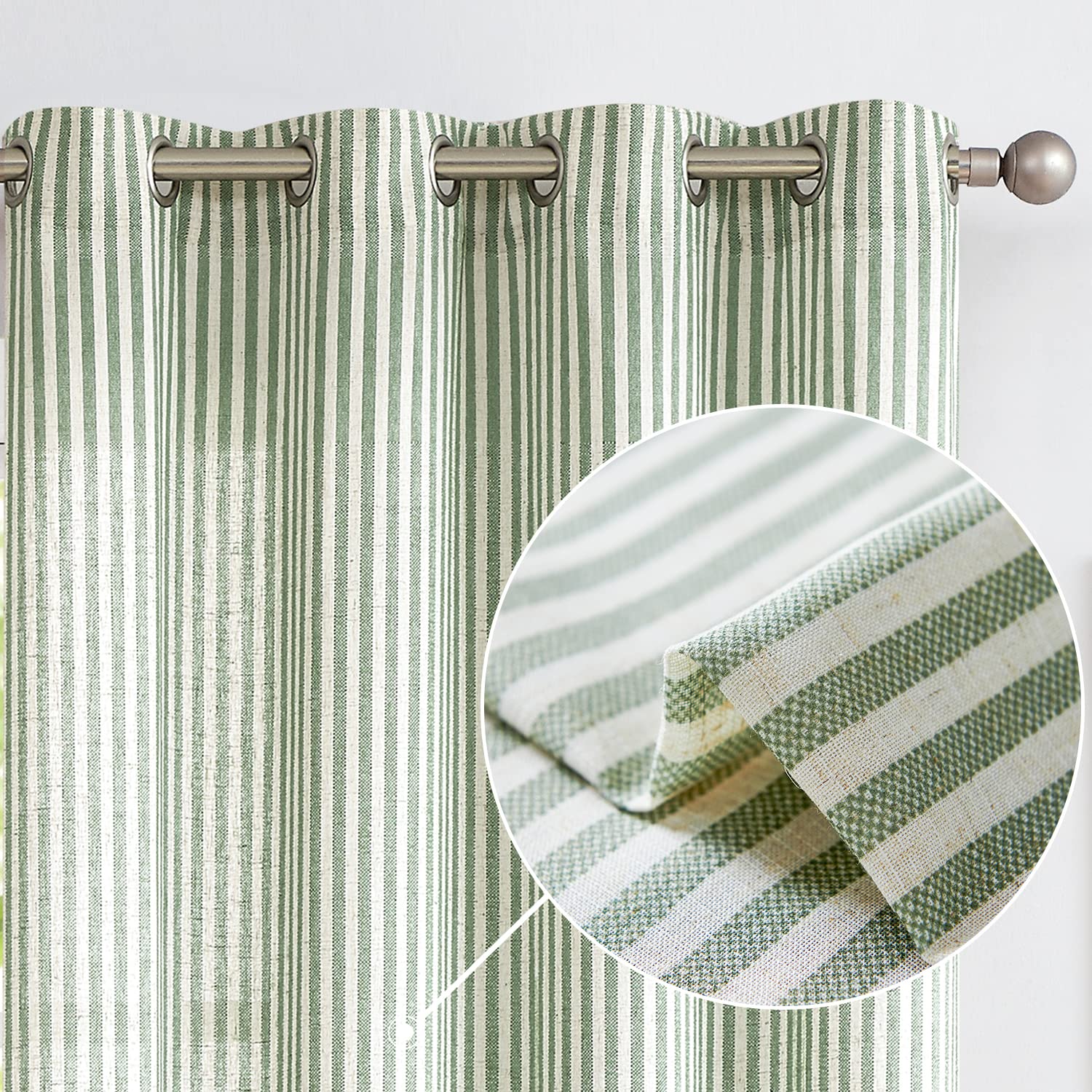 Vangao Sage Sage Green Stripe Linen Curtains 63 Inch Length Farmhouse Pinstripe Curtains Light Filtering Tickingstripe Printed o