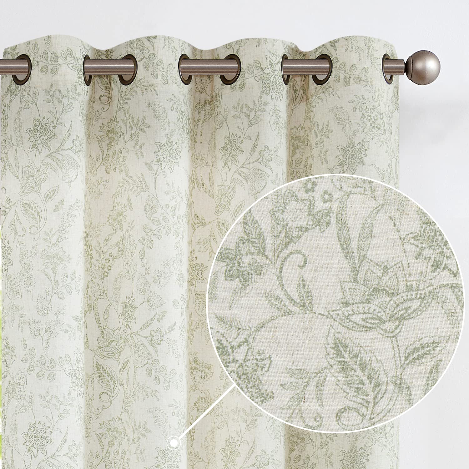 Vangao Green Floral Linen Curtains for Living Room 84 Inches Long Farmhouse Curtains for Bedroom Vintage Print on Beige Light Fi