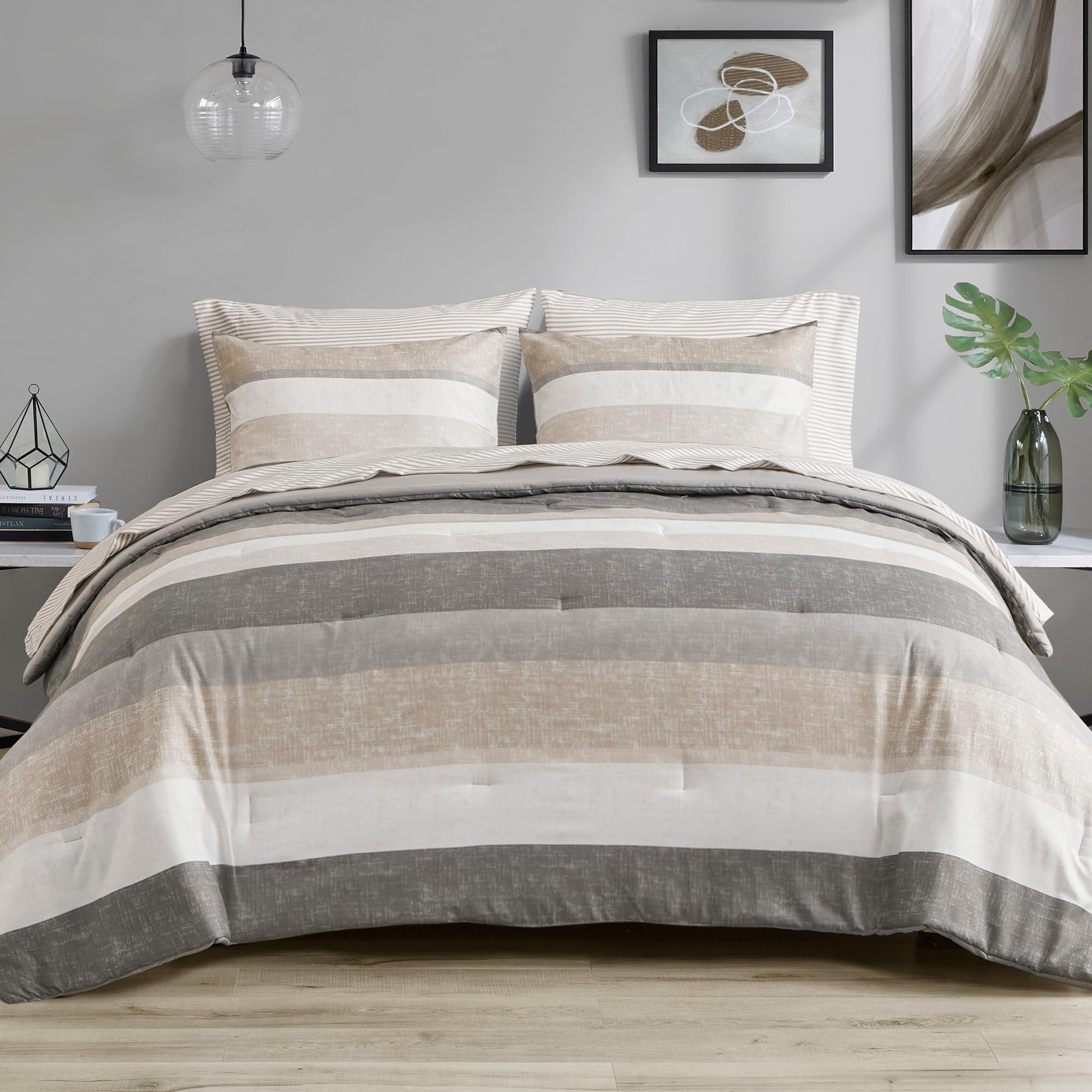 Madison Park Essentials Twin Comforter Set, Bed in A Bag Comforter & Sheet Set, Modern Casual Stripes Print, All Seasons, Soft M