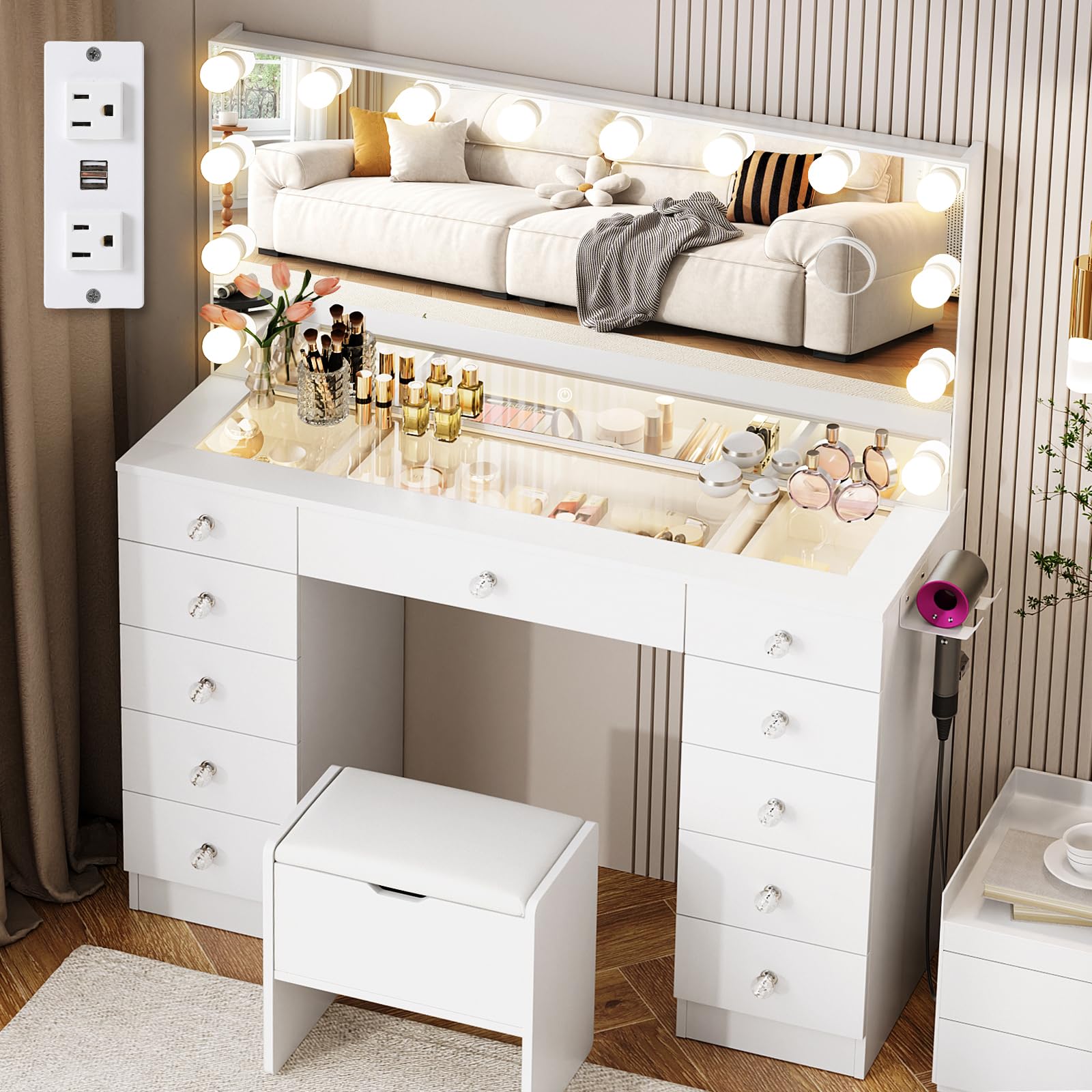 VOWNER Vanity with Lighted Mirror - Glass Top Makeup Vanity Desk with Lights and 11 Drawers, 3 Color Lighting Modes Adjustable B