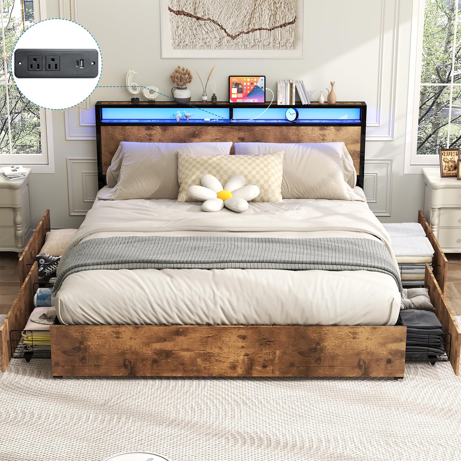 Kiivakii King Size Bed Frame with 4 Storage Drawers, LED Platform Bed with Headboard, Built in Charging Station, Noise-Free, Met