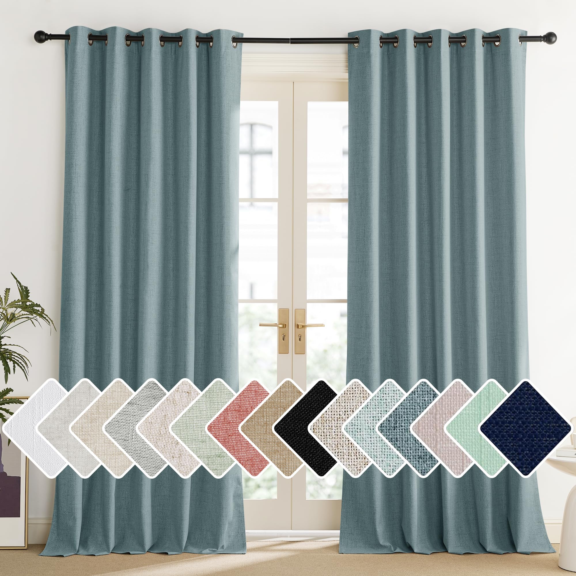 NICETOWN 100% Absolutely Blackout Linen Curtains with Thermal Insulated Liner, Skylark Blue, 62 Wide, 90 Length Energy Saving Cu