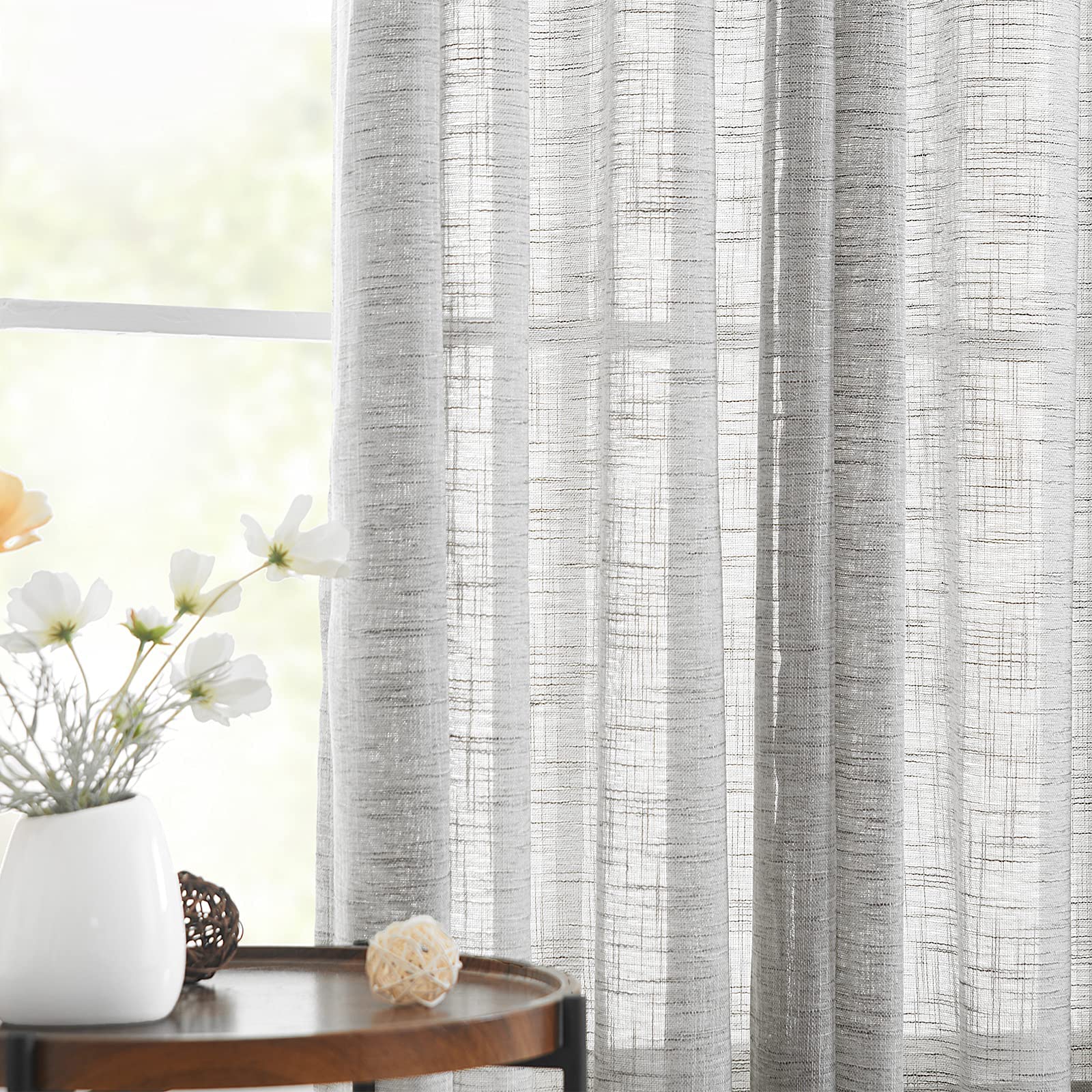 Semi Sheer Linen Curtains for Living Room Bedroom 95 inch Long Privacy Grey Curtain Panels Light Filtering Rustic Window Drapes 