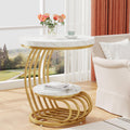 Tribesigns Gold Round End Table: 2 Tiers Faux Marble Side Table with Storage Shelf, Modern White Gold Bedside Nightstand, Metal 