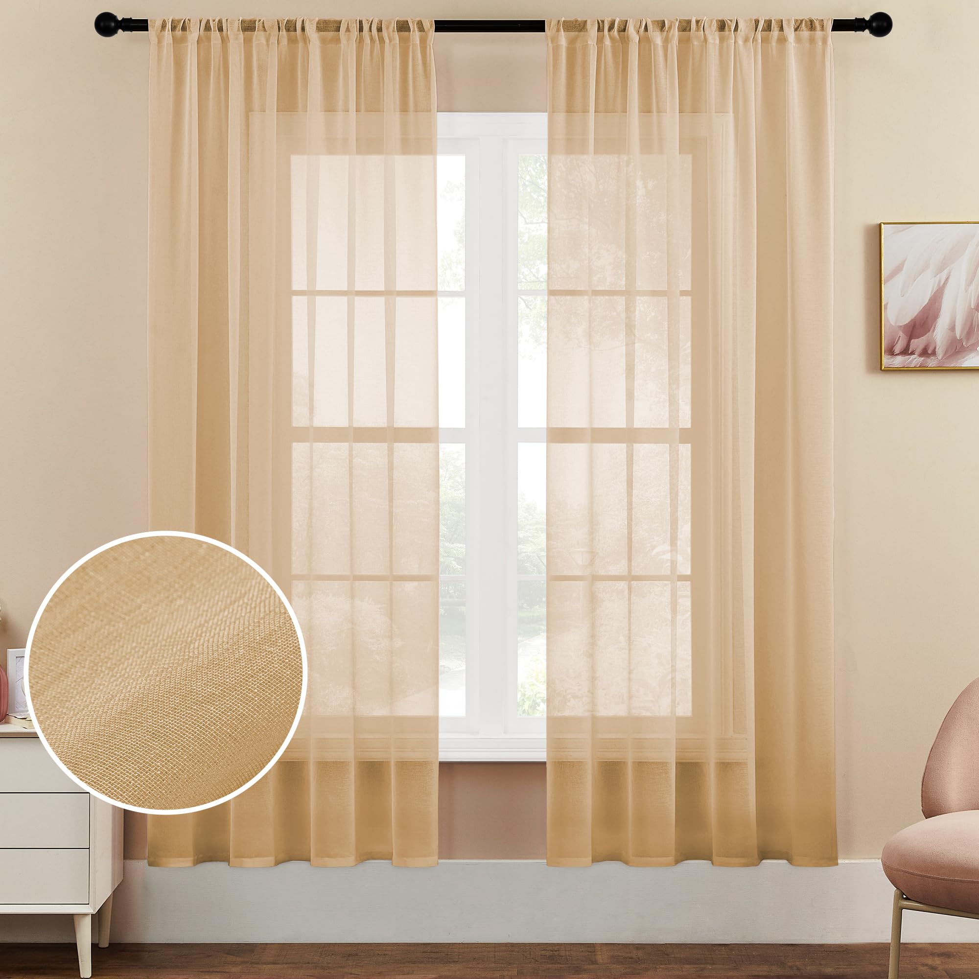 MRTREES Sheer Curtains 72 inches Long Beige Curtain Sheers Living Room Bedroom Kitchen Transparent Voile Panels Rod Pocket Drape