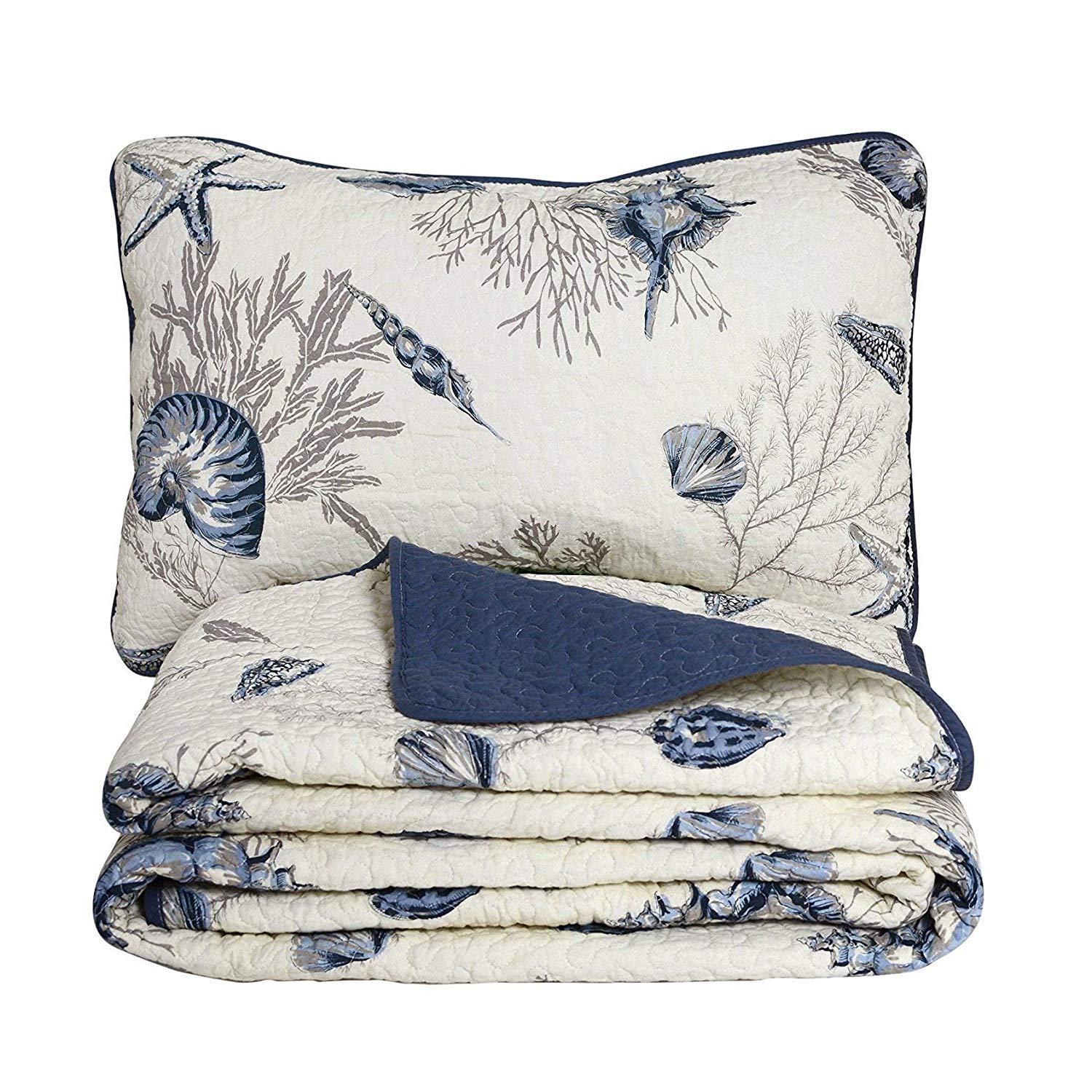 Brandream Coastal Seashell Beach Bedding Quilt Set Nautical Coverlet Set King Size 100% Cotton 3-Piece