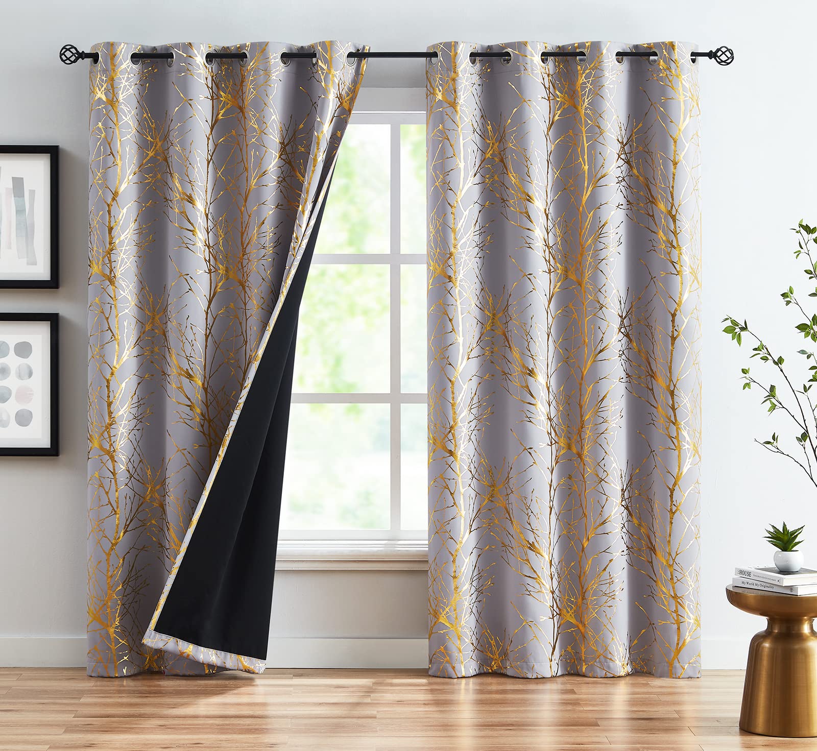 FMFUNCTEX Grey Blackout Curtains 54 Gold Tree Branch Window Panels Modern Thermal Insulated Energy Efficient Curtain Drapes for 