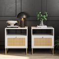 Nathan James Mina Side End or Accent Table Nightstand with Natural Rattan Storage Door for Bedroom, White/Gold, Set of 2