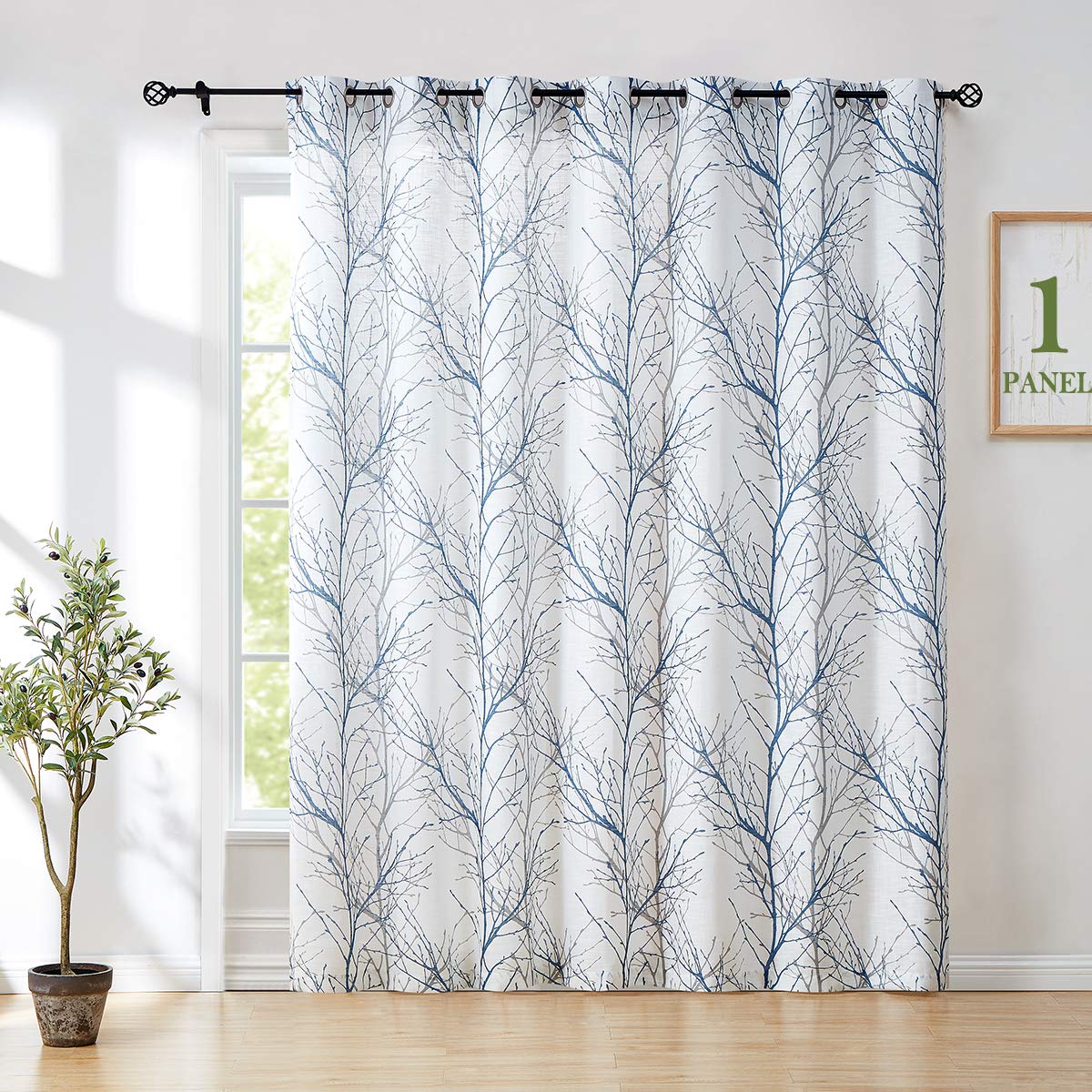 FMFUNCTEX White-Blue Sliding Door Curtain 96 inches Tree Branch Semi Sheer Patio Glass Door Panel for Large Windows Living Room 
