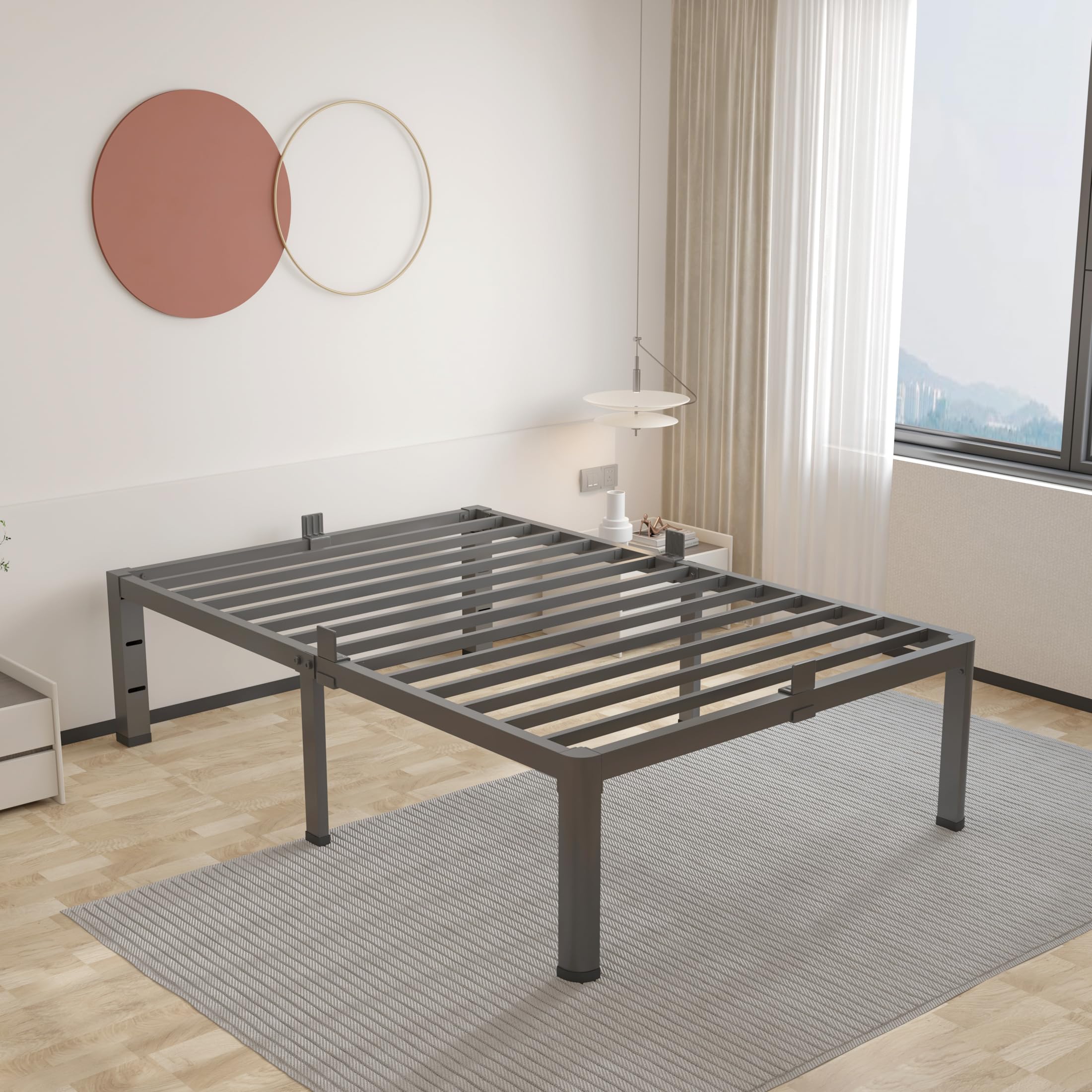 ROIL 16 Inch Twin Bed Frame with Rounded Corner and Headboard Hole Mattress Retainers 3500LBS Metal Heavy Duty Steel Slats No Bo
