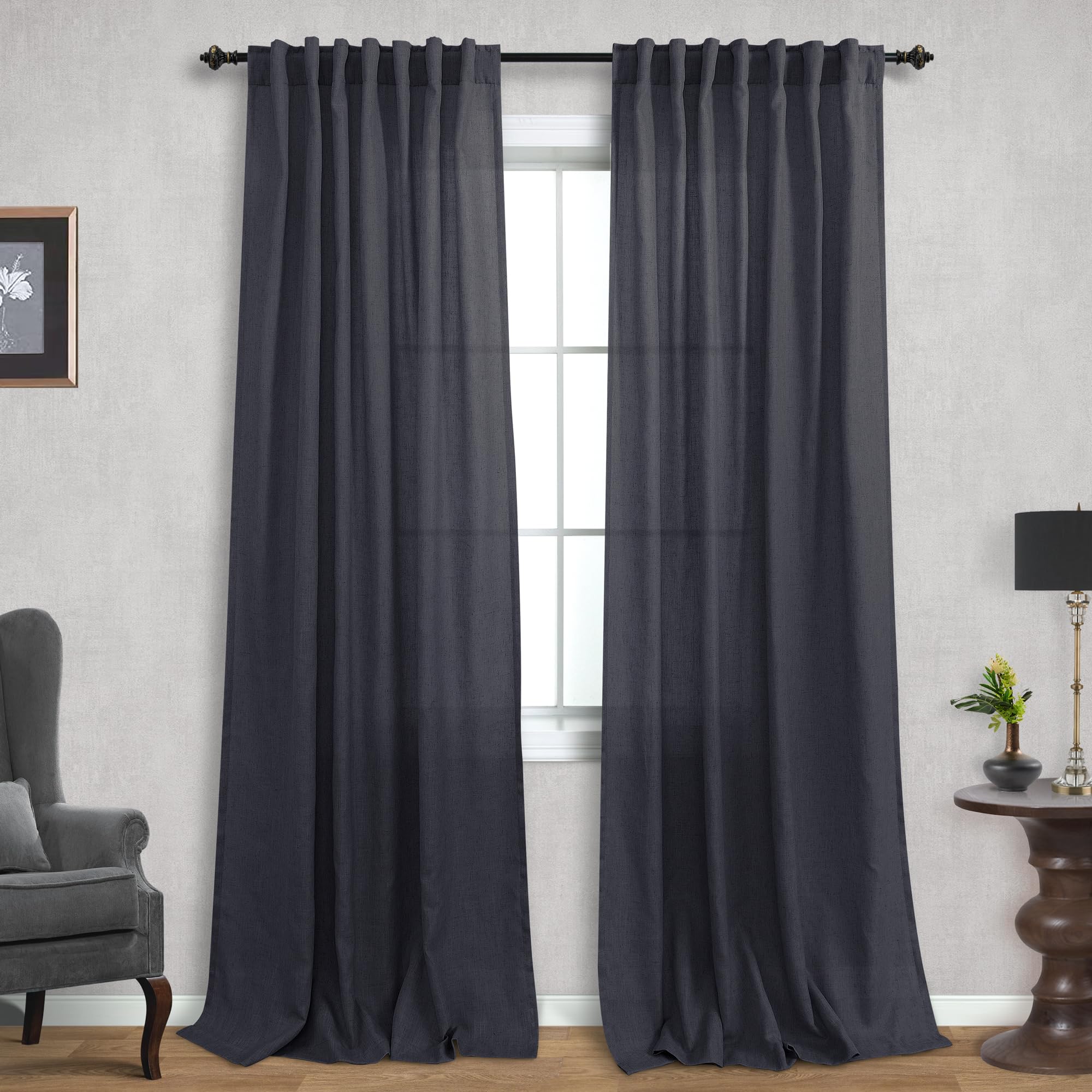 Charcoal Gray Linen Curtains 90 Inches Long for Living Room Sliding Glass Door Rod Pocket Back Tab Dark Grey Light Filtering Pri