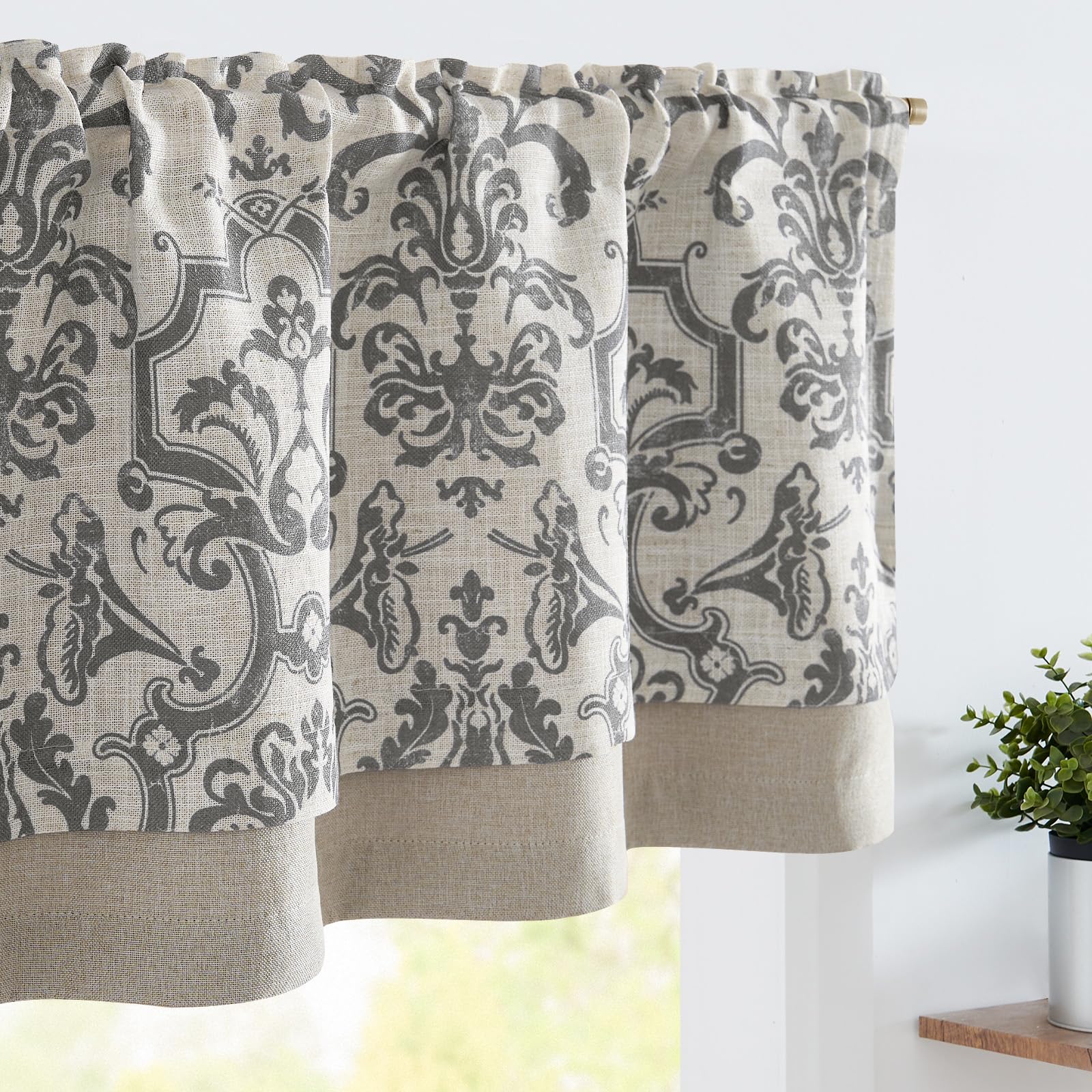 jinchan Linen Valance Curtain for Kitchen Vintage Damask Floral Blackout Valance Double Layer Gray Small Window Curtain for Livi