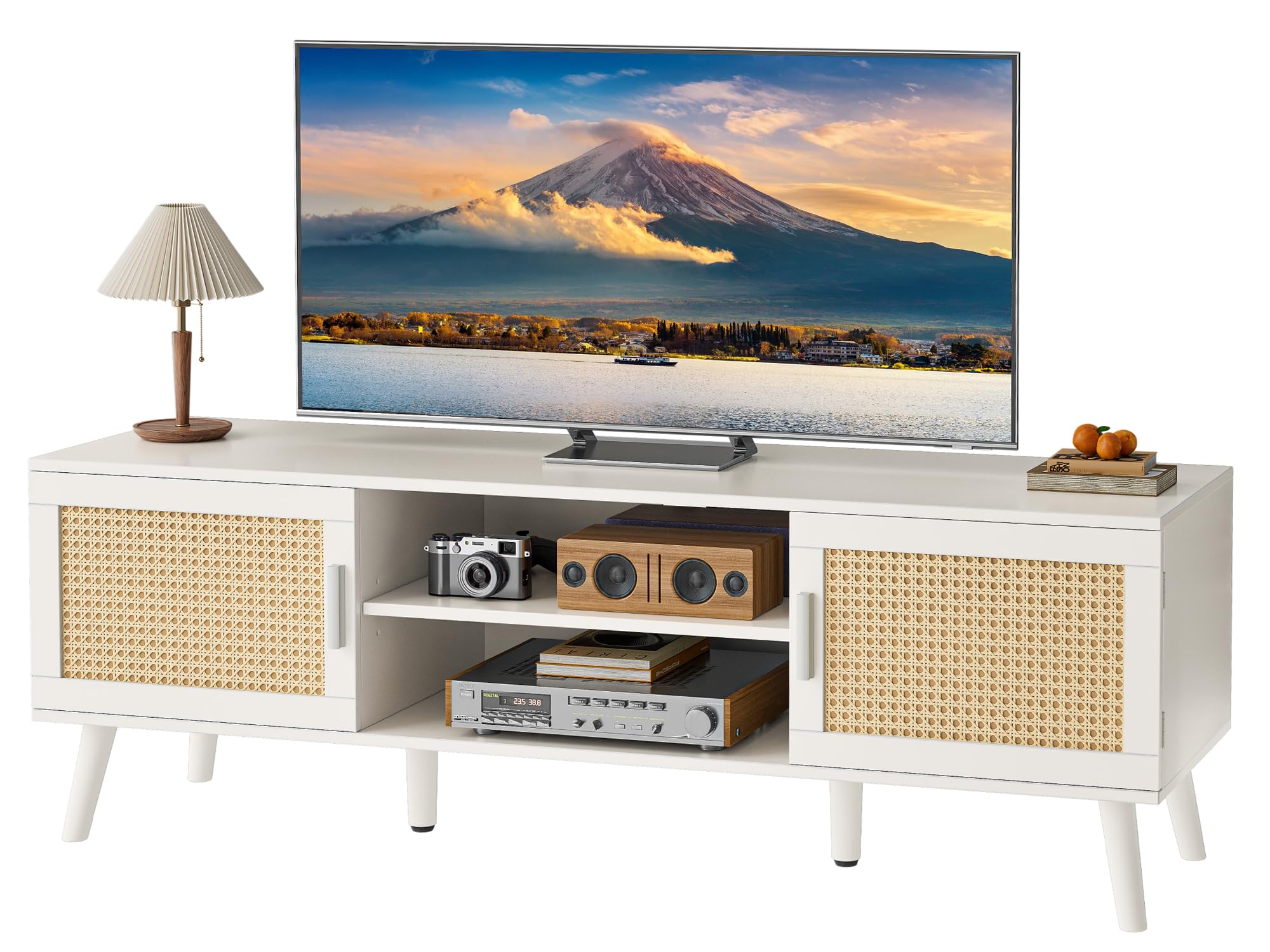 SUPERJARE TV Stand for 65 Inch TV, Entertainment Center with Adjustable Shelf, Rattan TV Console with 2 Cabinets, Media Console,